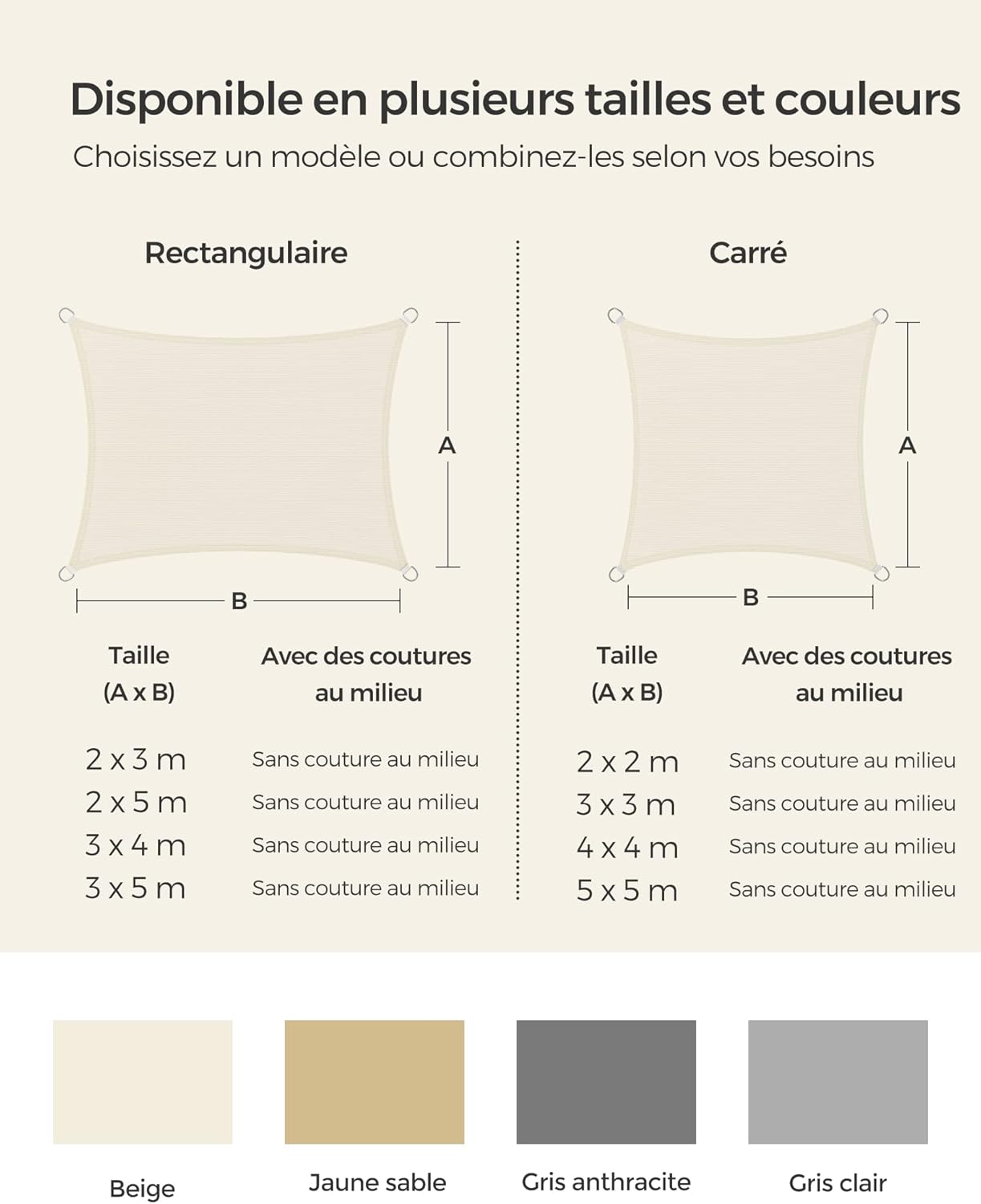 Thumbnail 5 de Voile d’ombre SONGMICS 4 x 4 m en tissu HDPE respirant et perméable à l’eau (beige) GSS44IVV1