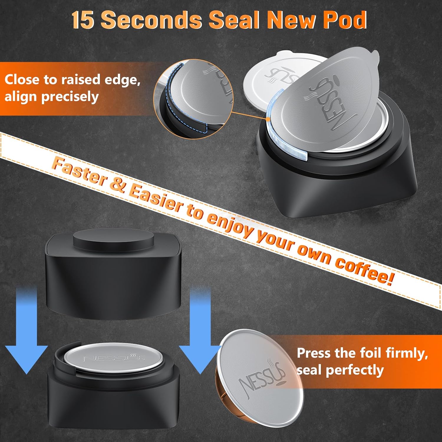 Detalle de NESSUS Refill Kit for Reusable Nespresso Vertuo Pods: Lid Easy Remover, 100 Aluminum Foil Lids, and Refill Accessories