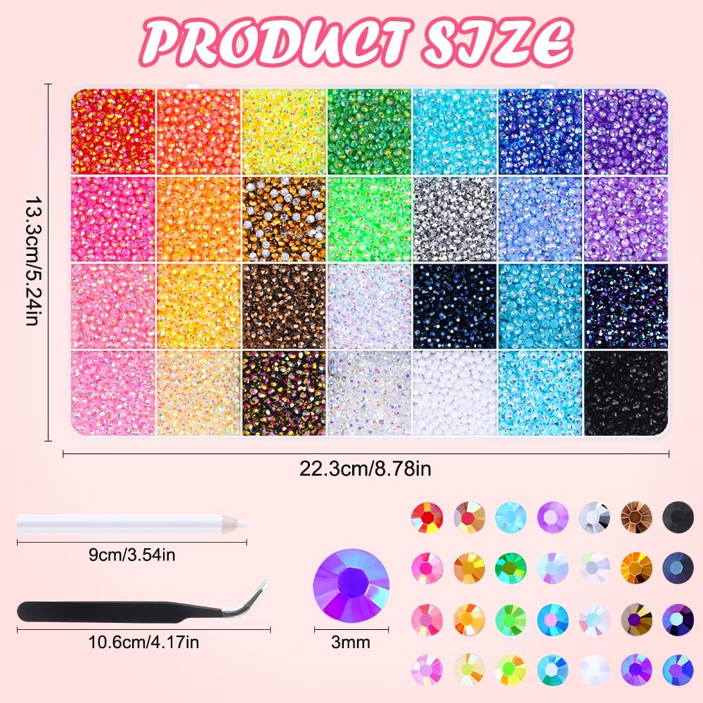 Detalle de JOLCEEY 34000pcs Nail Art Rhinestones – 28 Colours, 3mm Flat Back Gems with Pick Up Tweezers and Pen
