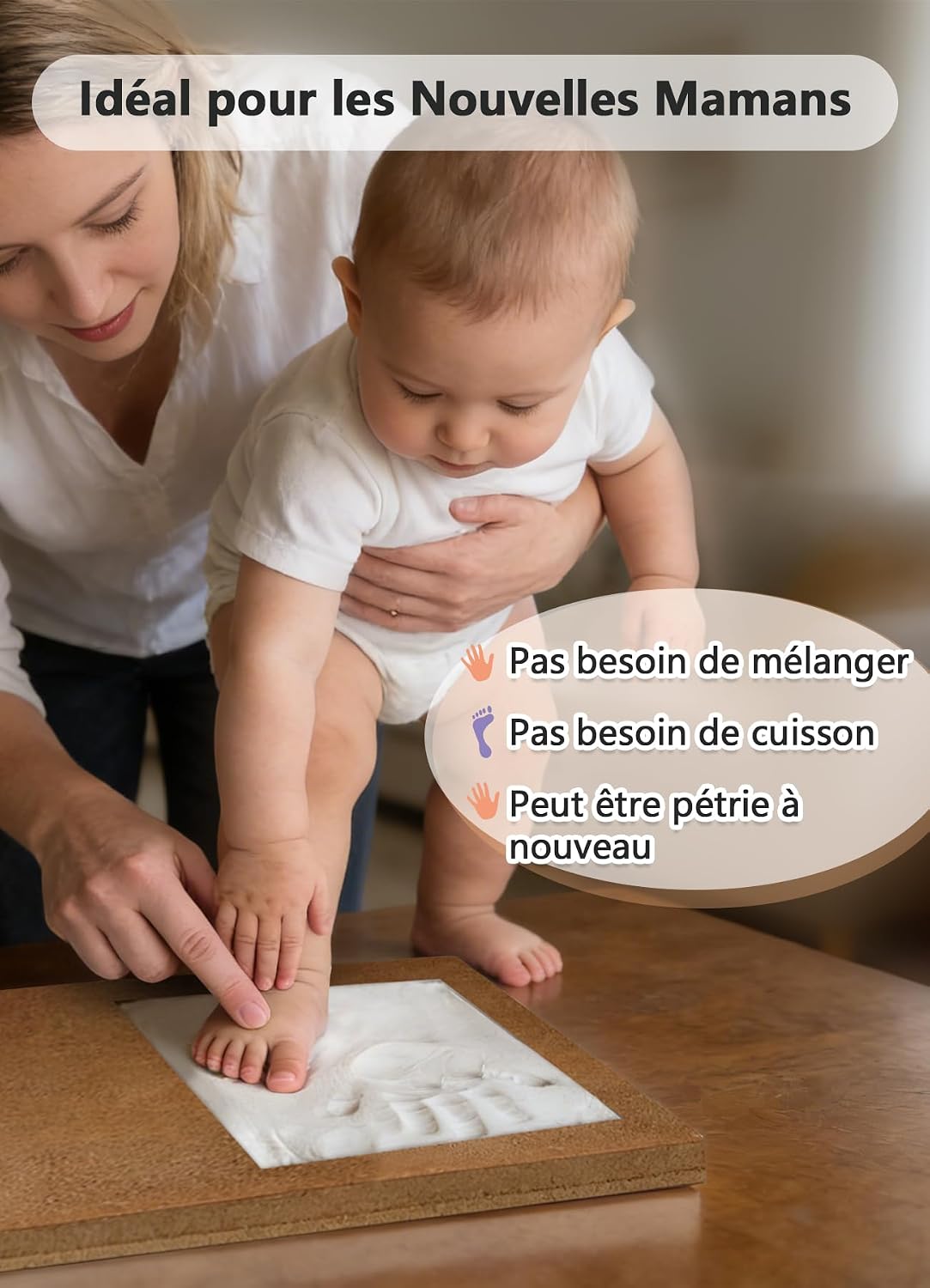 Detalle de PewinGo Cadre Empreintes Bébé — Kit d'empreintes pieds et mains personnalisé, cadre photo bois blanc