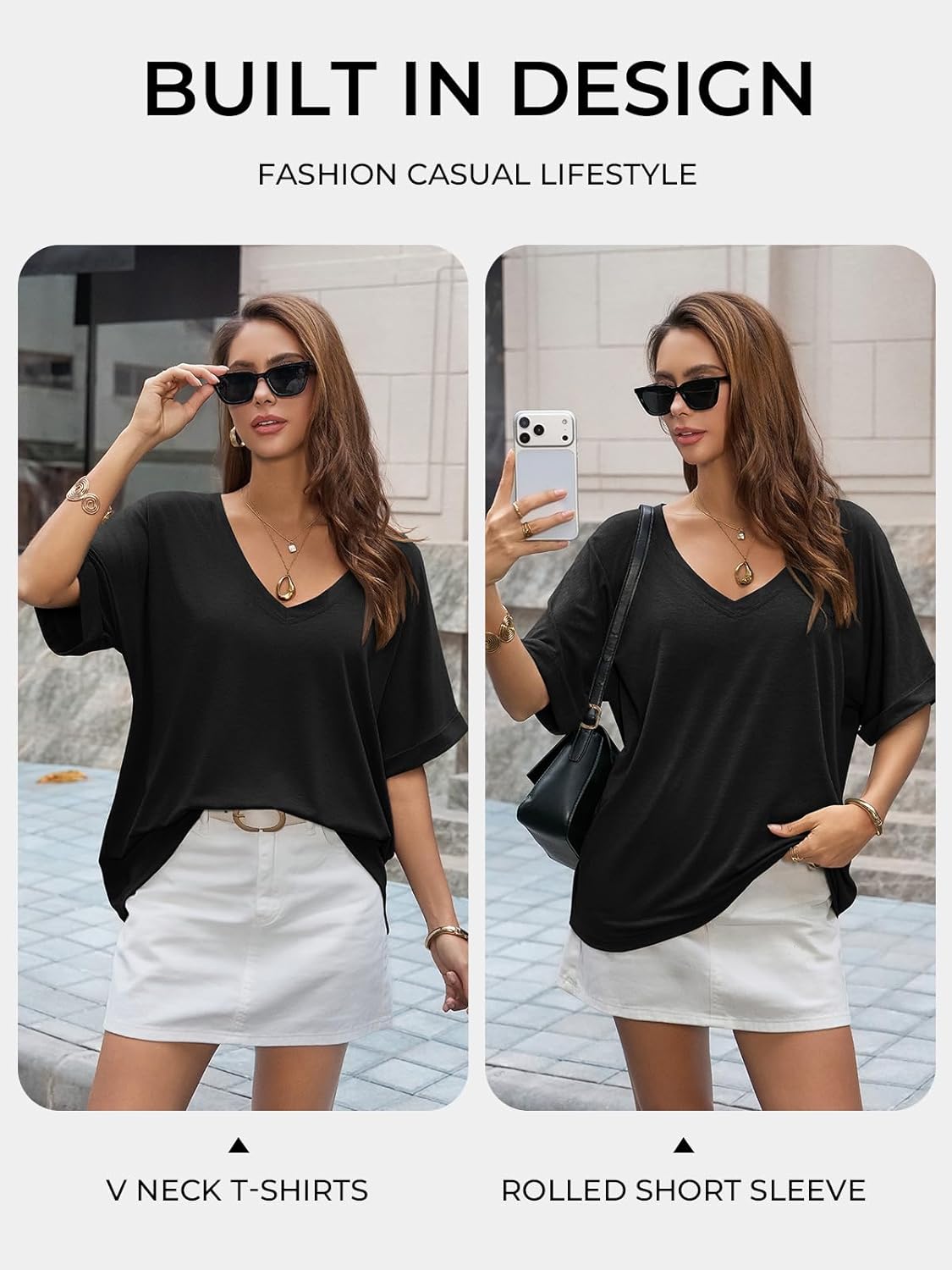 Thumbnail 3 de UNCLECAT Women's V Neck Oversized T-Shirts: Summer Short Sleeve Loose Casual Top