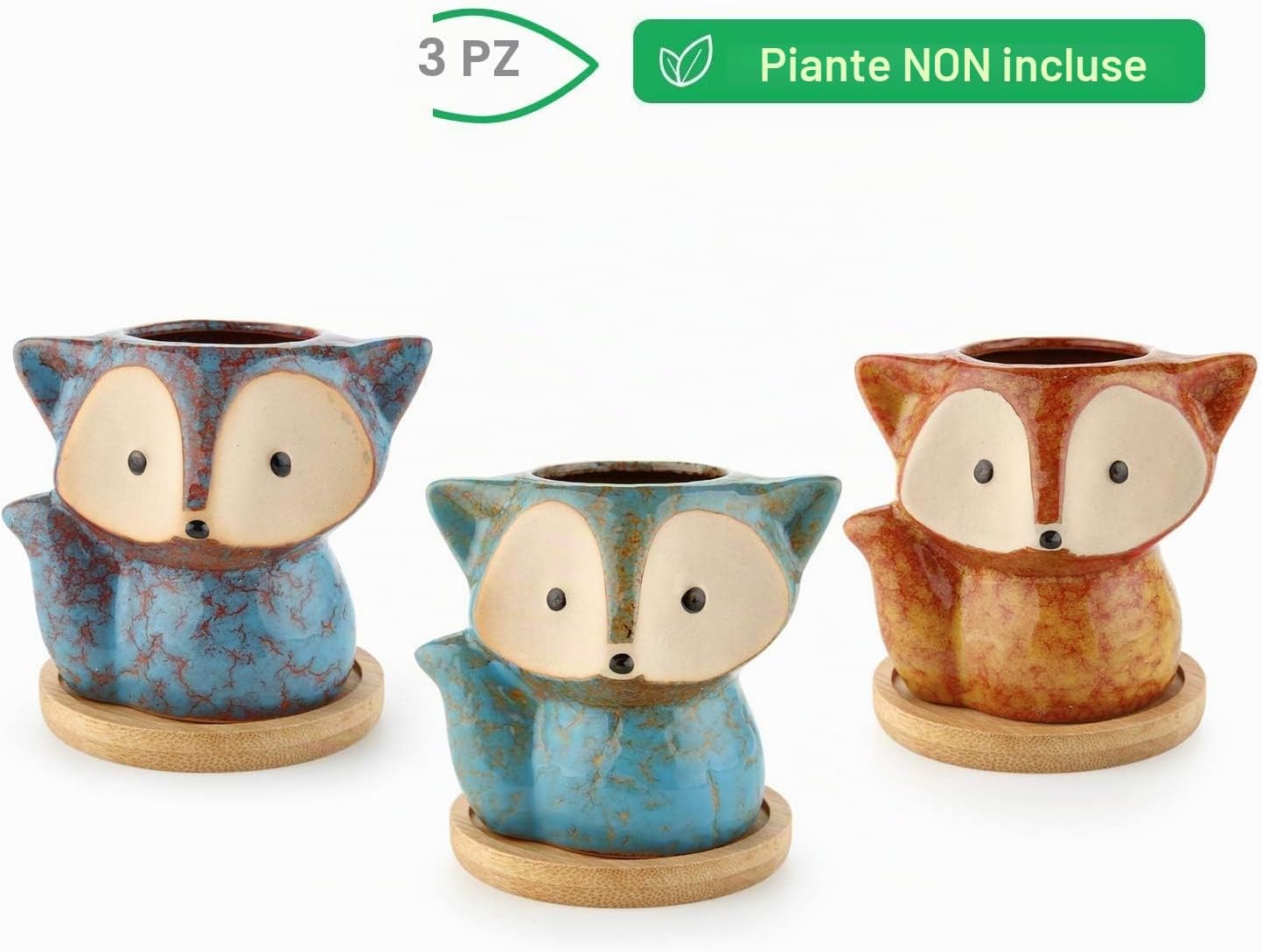 Detalle de T4U Vasetti per Piantine in Ceramica con Vassoio – Set di 3, design volpe per piante grasse da interno