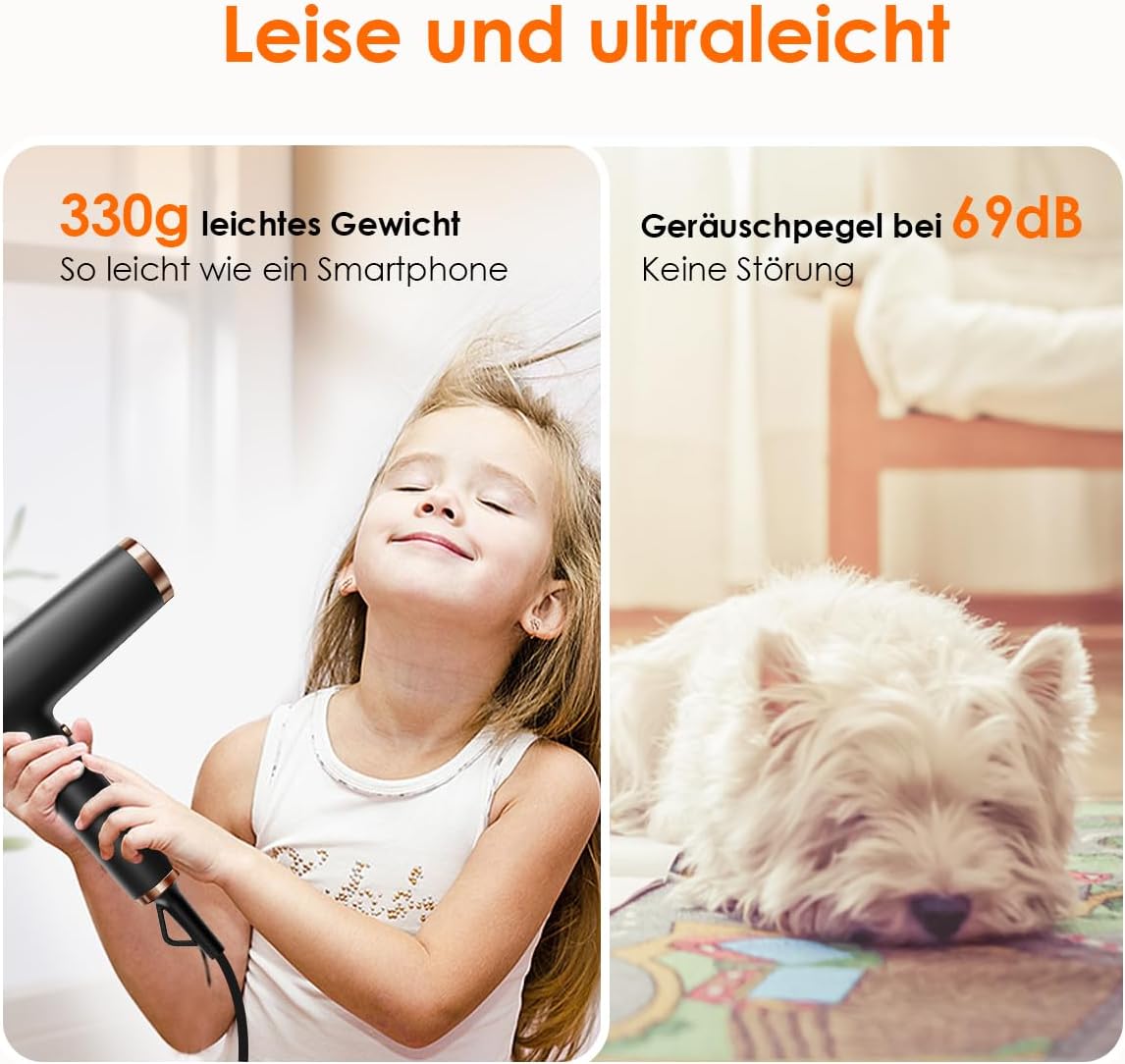 Detalle de Faszin Haartrockner leichter Föhn mit 110.000 RPM bürstenlosem Motor, 200 Mio. Ionen und LED-Anzeige (Schwarz)