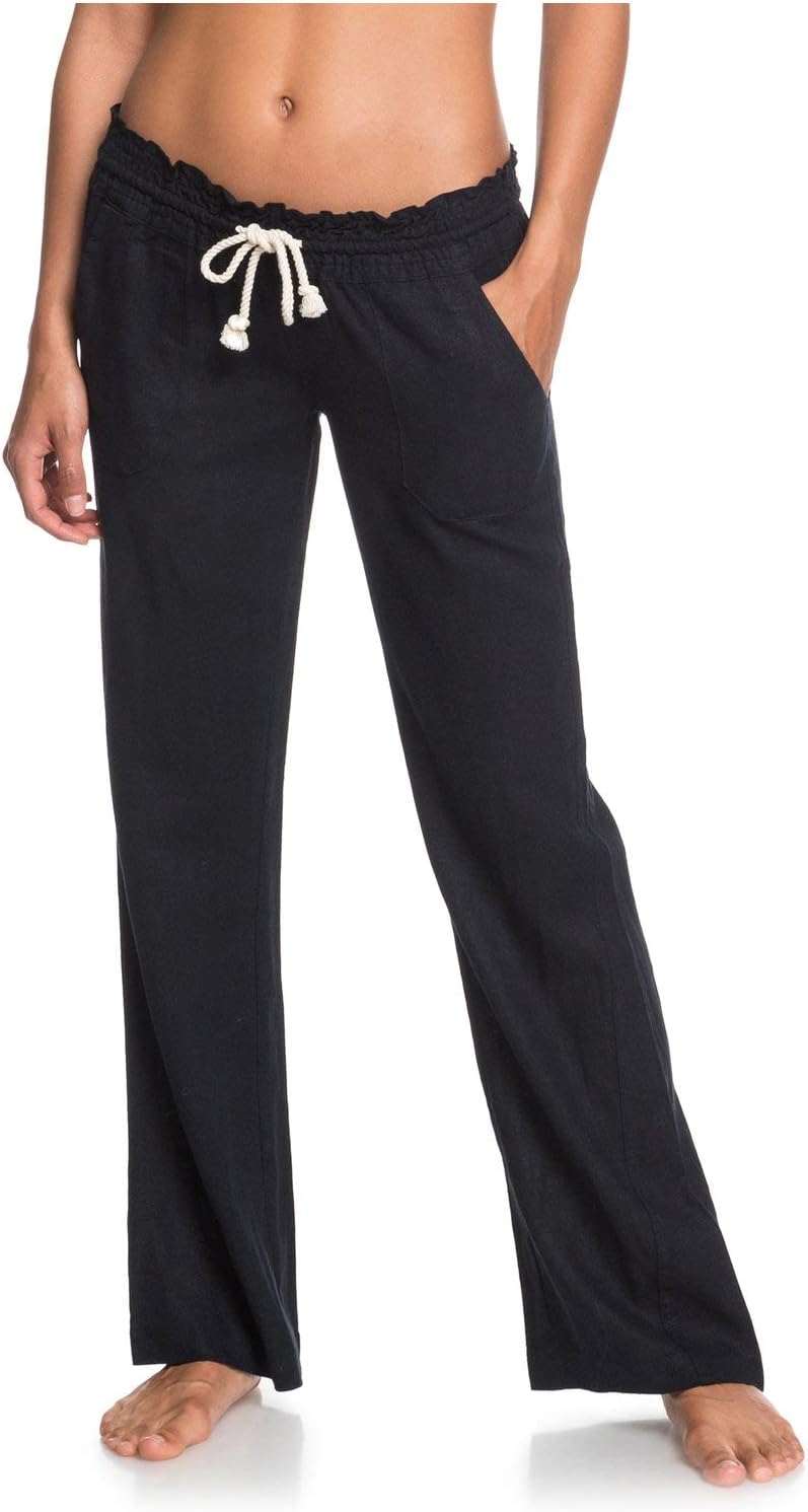 Detalle de Roxy Oceanside Pants pour Femme – coupe Flare en lin et coton, confort et style décontracté