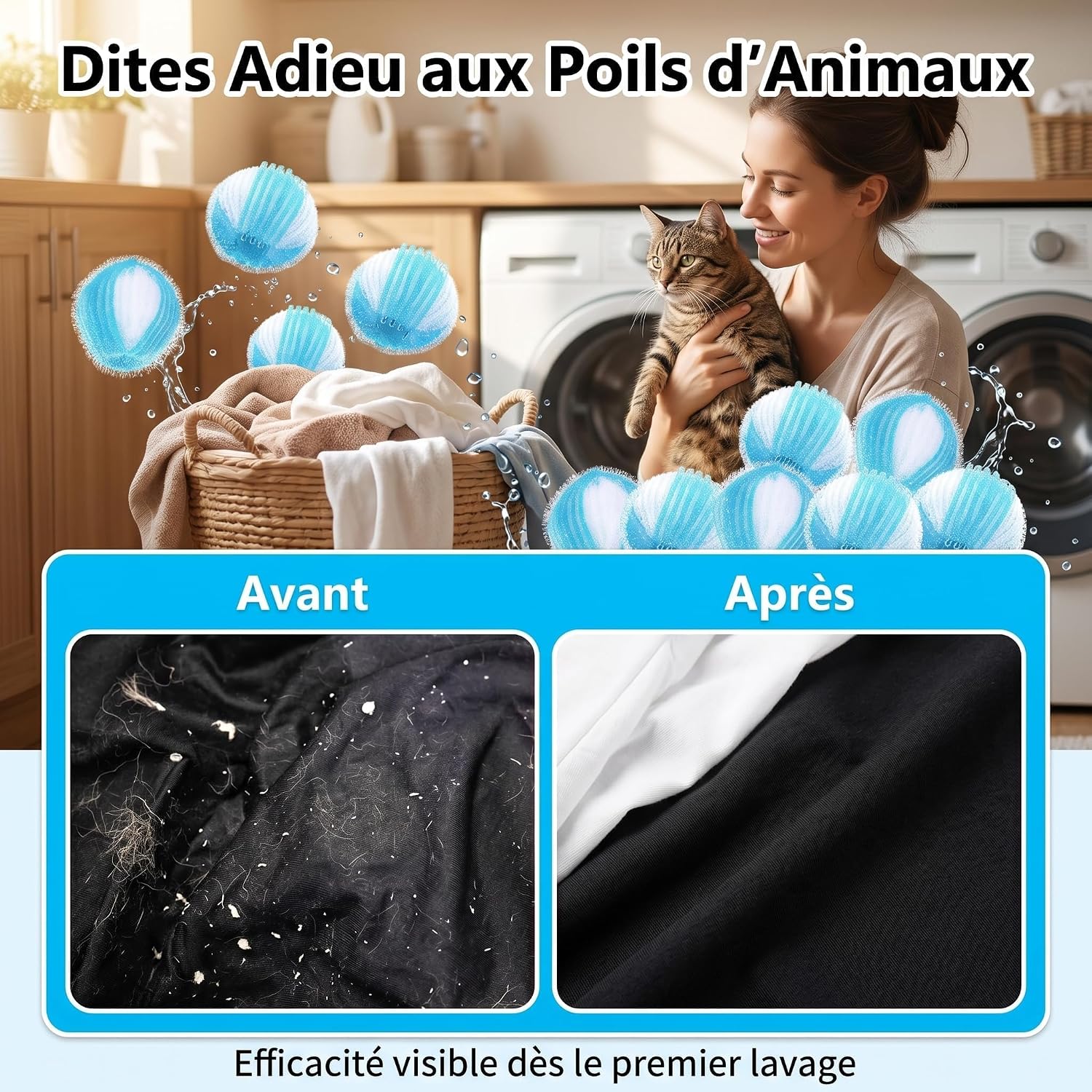 Thumbnail 2 de 12 Pièces Attrape Poils Machine à Laver – Boules Réutilisables Anti-Poils (bleu)