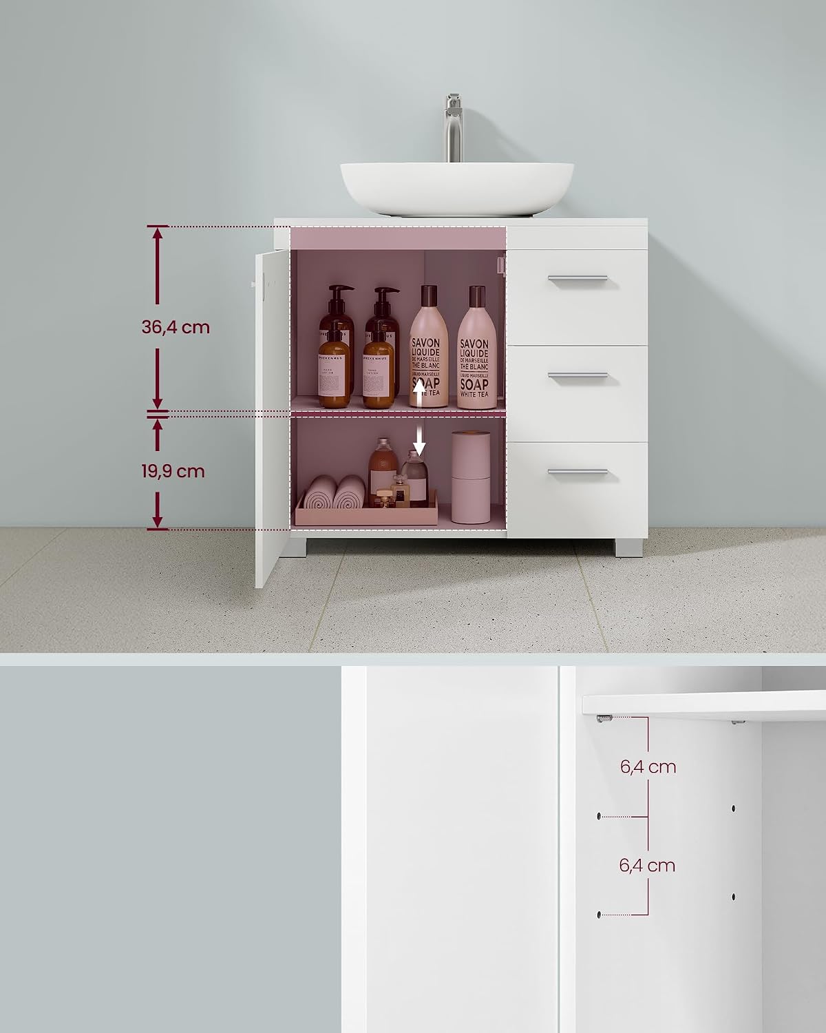 Detalle de VASAGLE BBK513WB01 Under-Sink Bathroom Cabinet, 3 Drawers, Cloud White