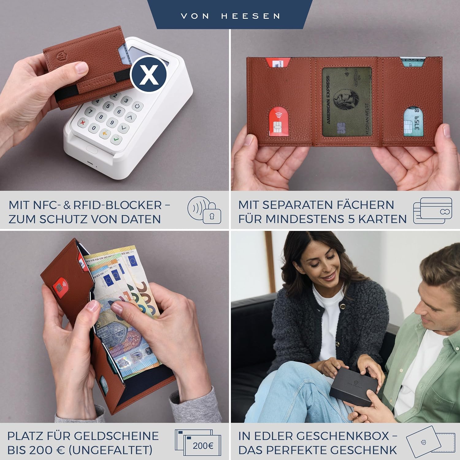 Thumbnail 1 de VON HEESEN Slim Wallet mit XL Münzfach & RFID-Schutz – echtes Nappa-Leder, Cognac-Braun