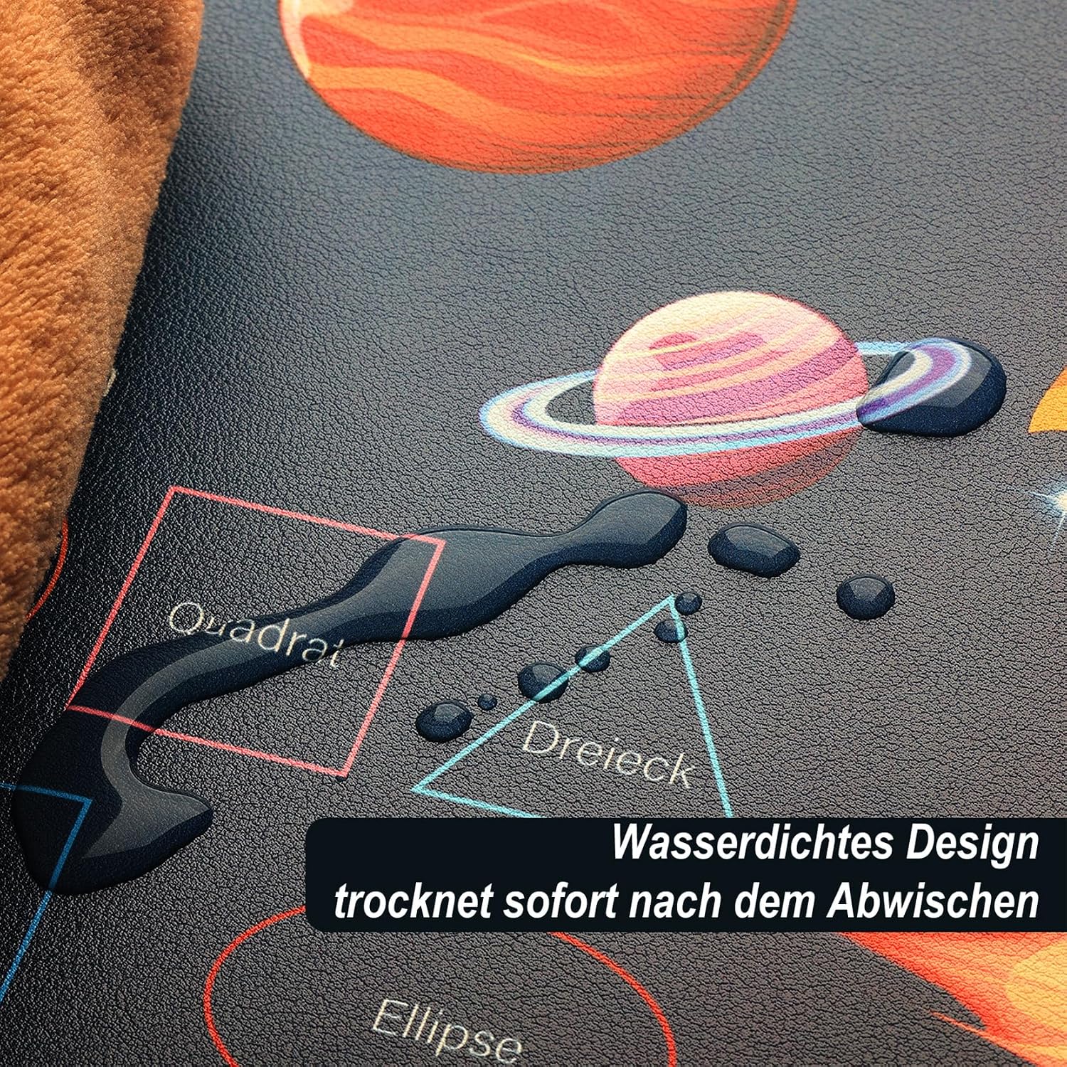 Detalle de FONCOOD Schreibtischunterlage Kinder 60x40 cm Weltraum – abwischbare Lernunterlage mit Alphabet & Einmaleins