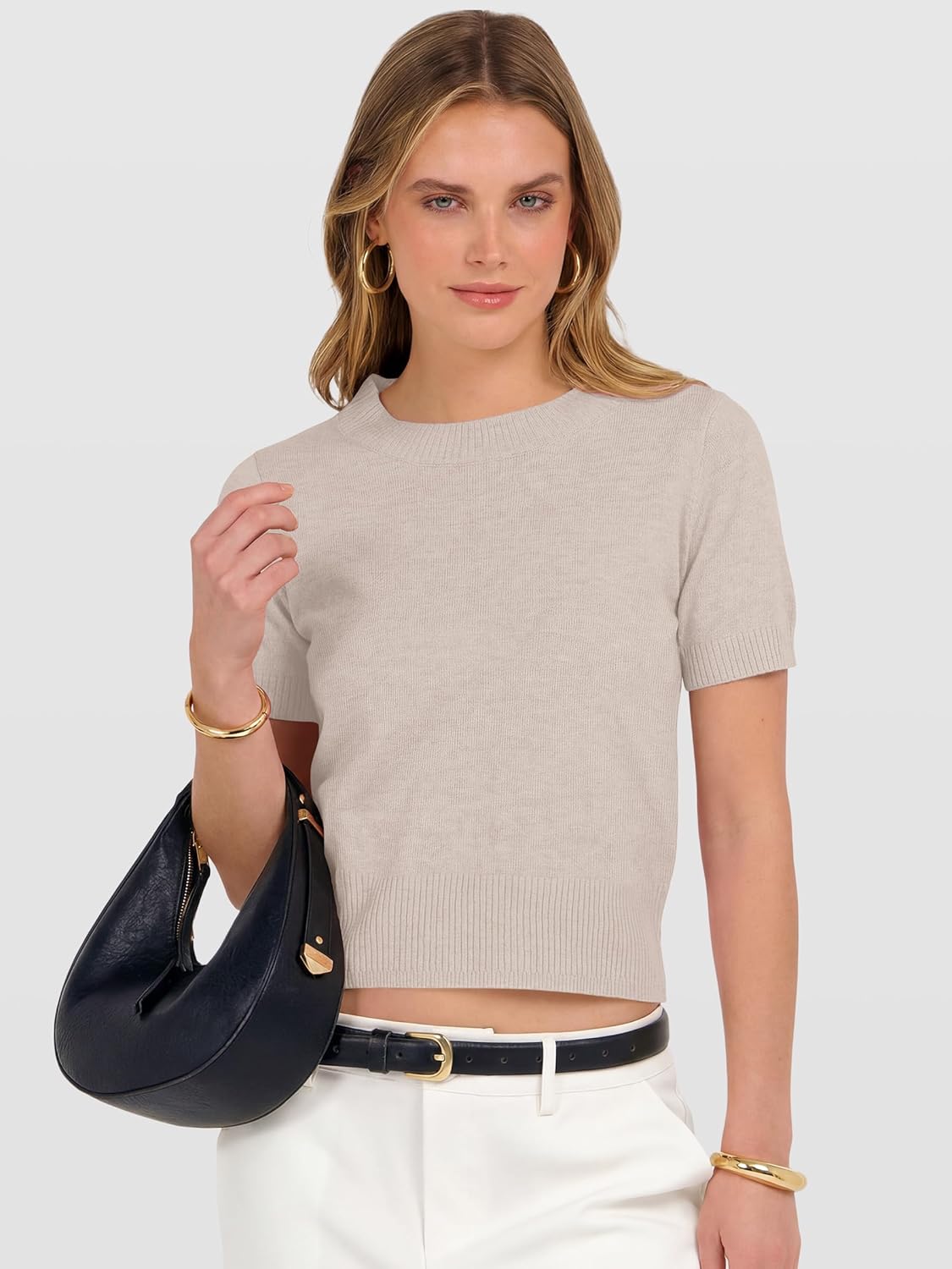 Thumbnail 3 de ANRABESS Women's Short Sleeve Cropped Crew Neck Sweater Top — Lightweight, Spring/Summer Ready