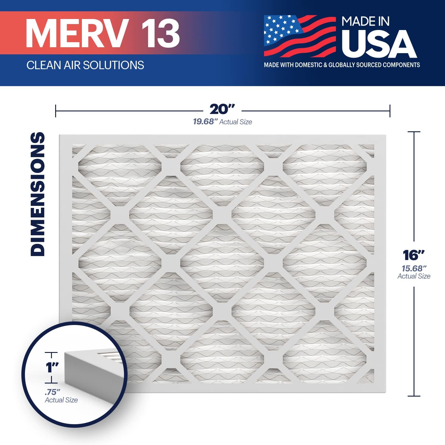 Detalle de BNX TruFilter 16x20x1 MERV 13 (6-Pack) — Made in USA, Electrostatic Pleated Air Filter for Allergies
