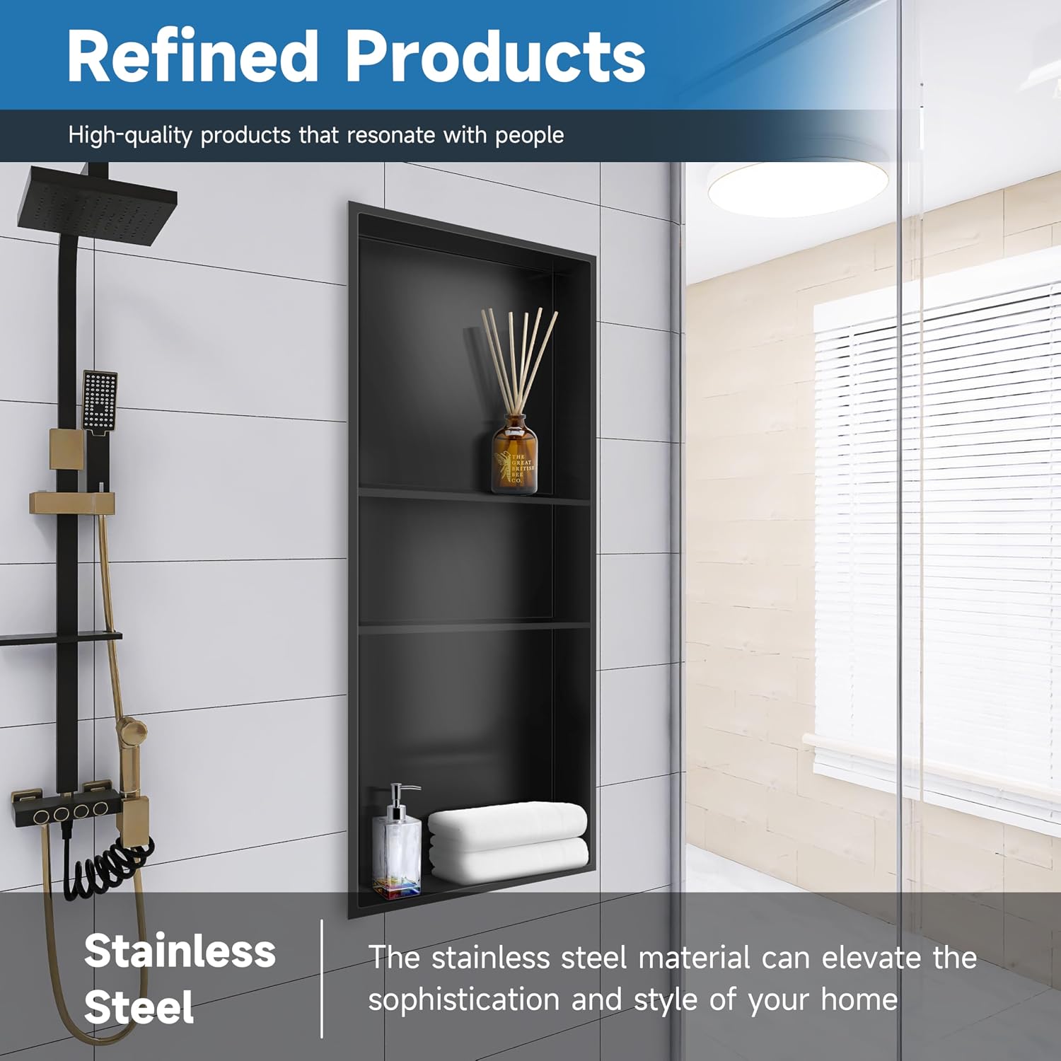 Detalle de Green & Spring G-1128-B 12" x 30" Stainless Steel Shower Niche, 3-Tier, Matte Black