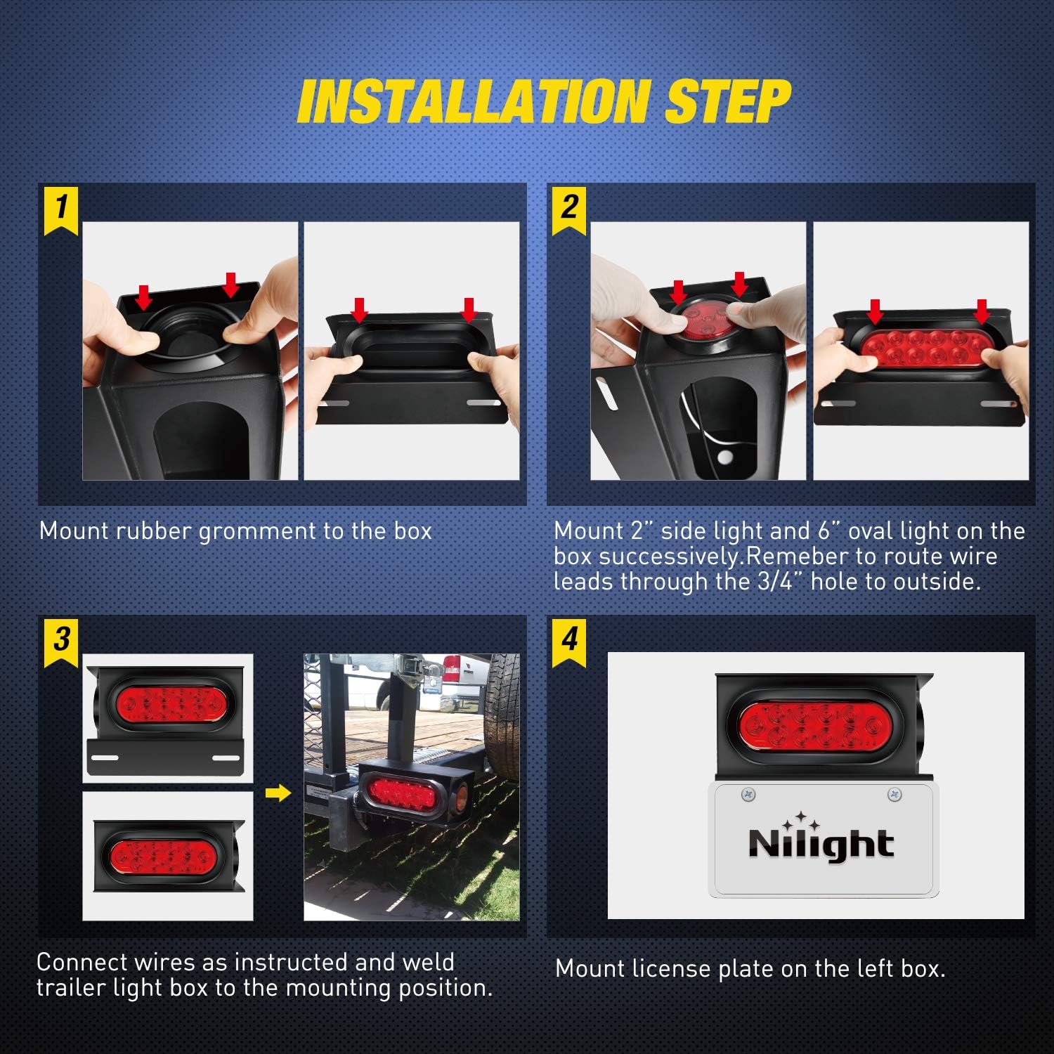 Thumbnail 4 de Nilight 2PCS Steel Trailer Light Boxes Housing Kit with 6" Oval Red LED Tail Lights and 2" Round Red LED Side Markers