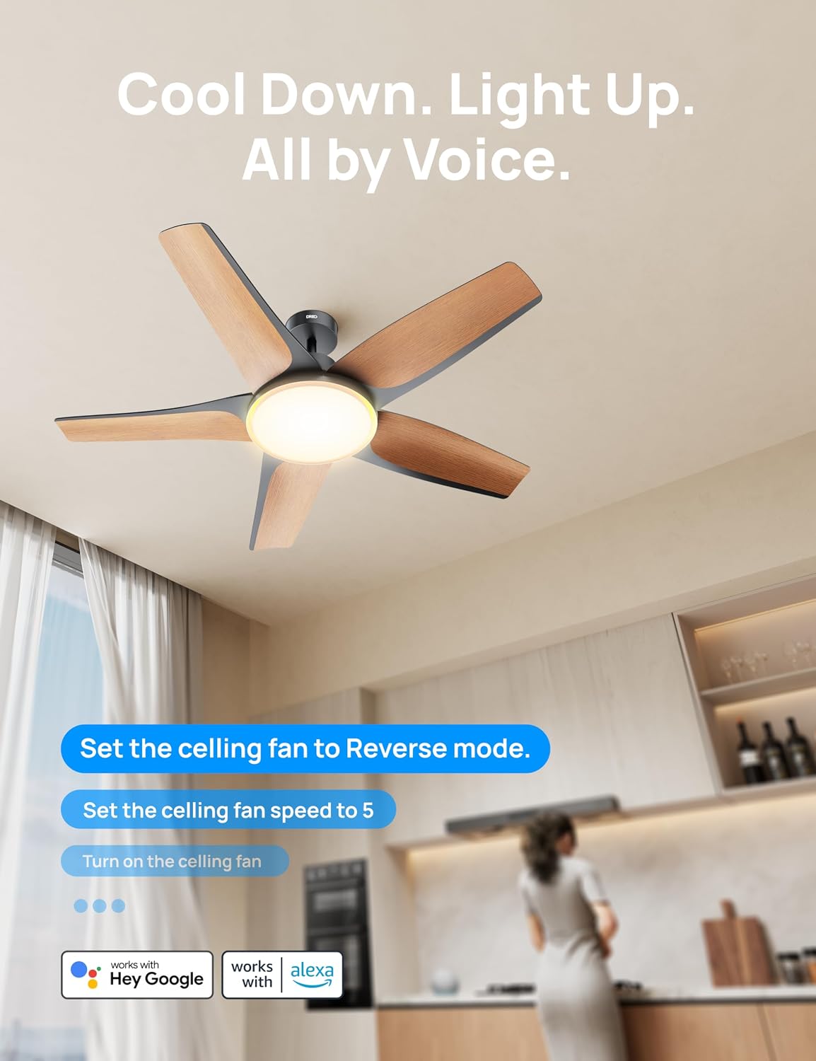Detalle 2 de DREO Smart Ceiling Fan with Lights (Low Profile, 52in) with Alexa/App Control, Dimmable RGB Ambiance, Black