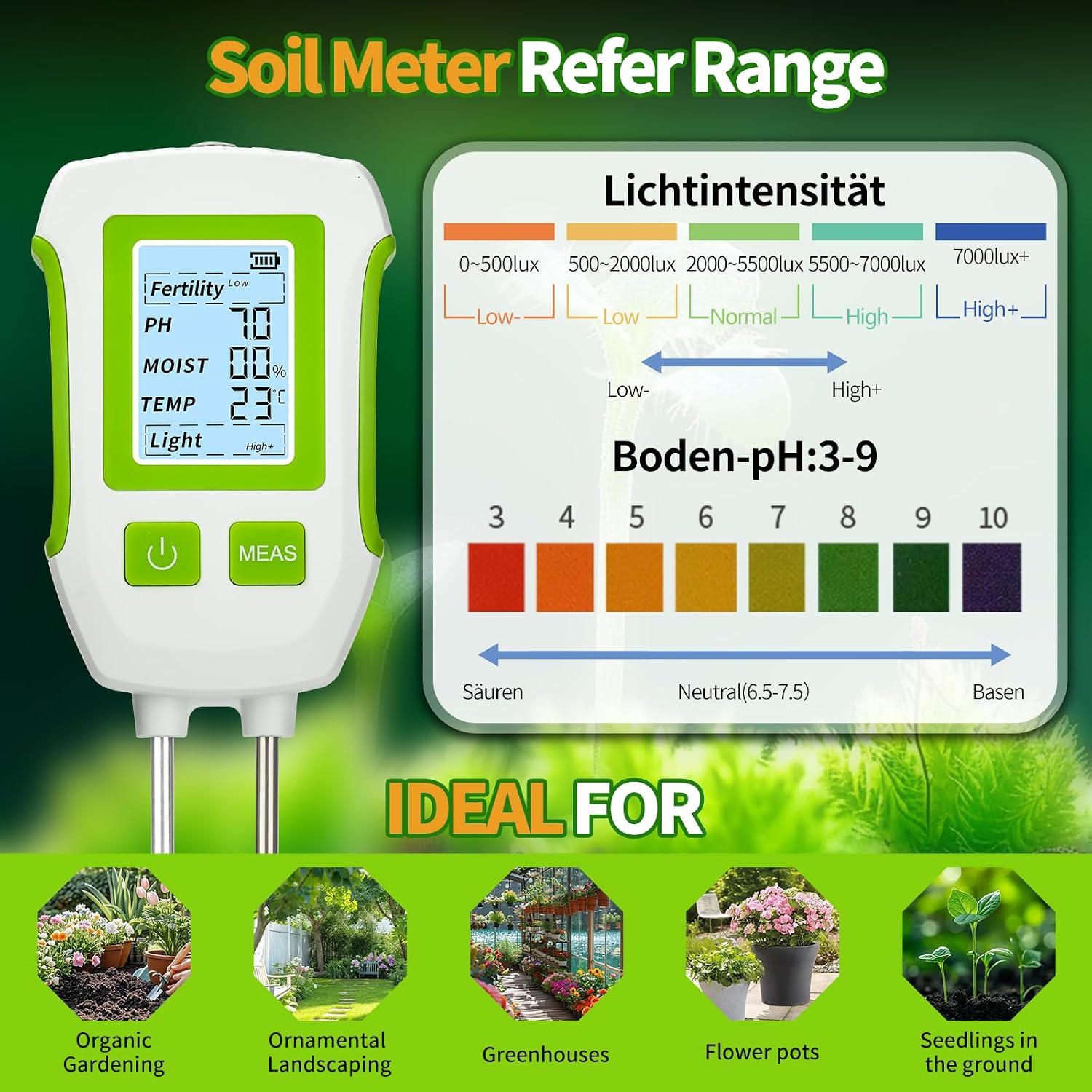 Thumbnail 3 de Heemol Soil Tester 5-in-1 bodemtester voor pH, vocht, temperatuur en licht