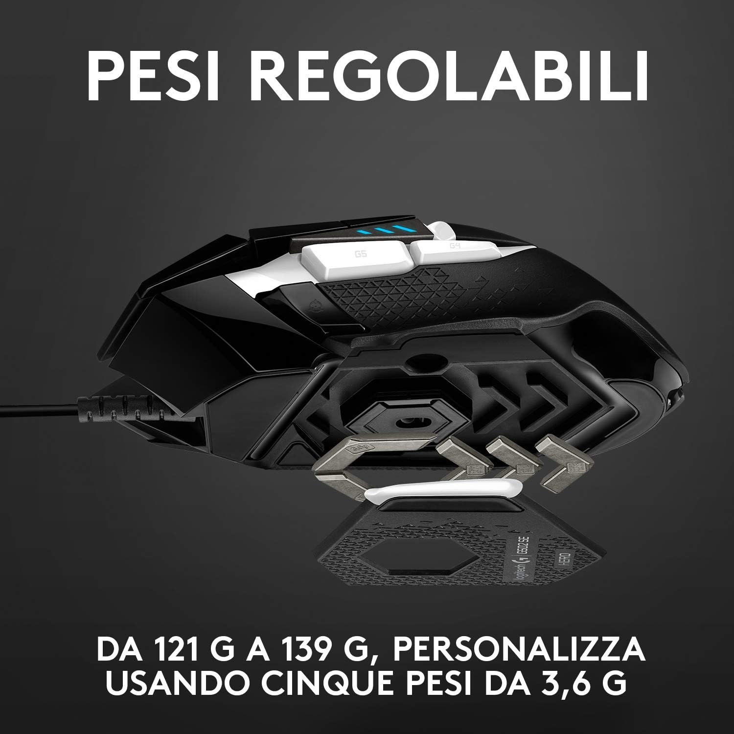 Thumbnail 3 de Logitech G G502 HERO Special Edition Mouse Gaming con sensore HERO 25K, DPI regolabili, RGB e pesi modificabili (bianco/nero)