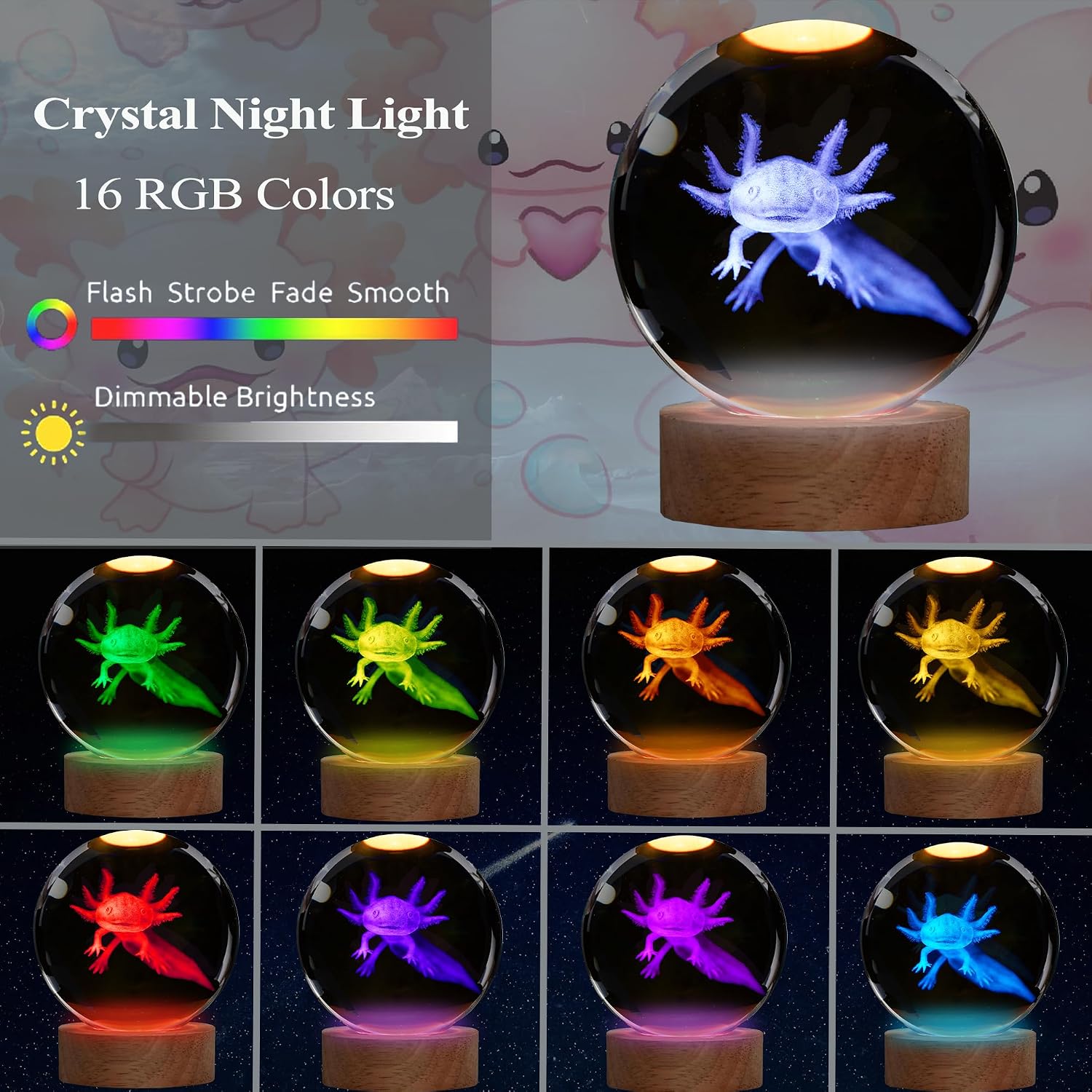 Detalle 2 de Axolotl Nachtlicht 3D K9 Crystal Lampe mit Fernbedienung 16 Farben