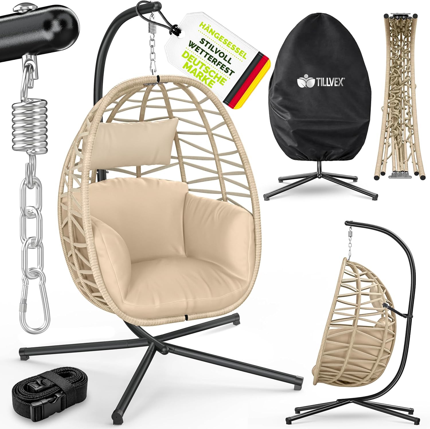 tillvex Hängesessel mit Gestell – wetterfester Outdoor Hängesessel aus Polyrattan (Beige)