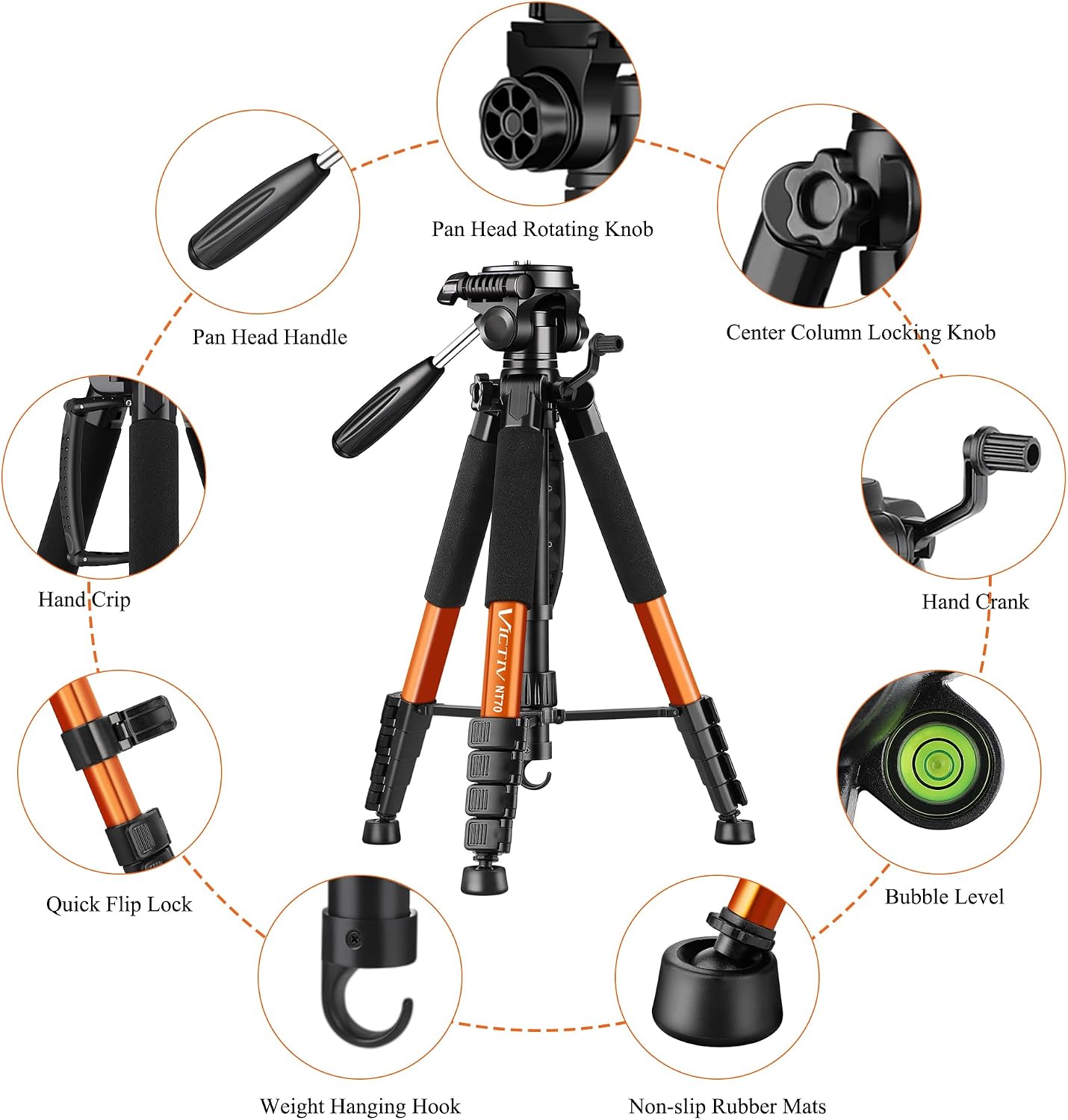 Thumbnail 6 de Victiv NT70 74-Inch Aluminum Tripod for Cameras and Phones, Orange