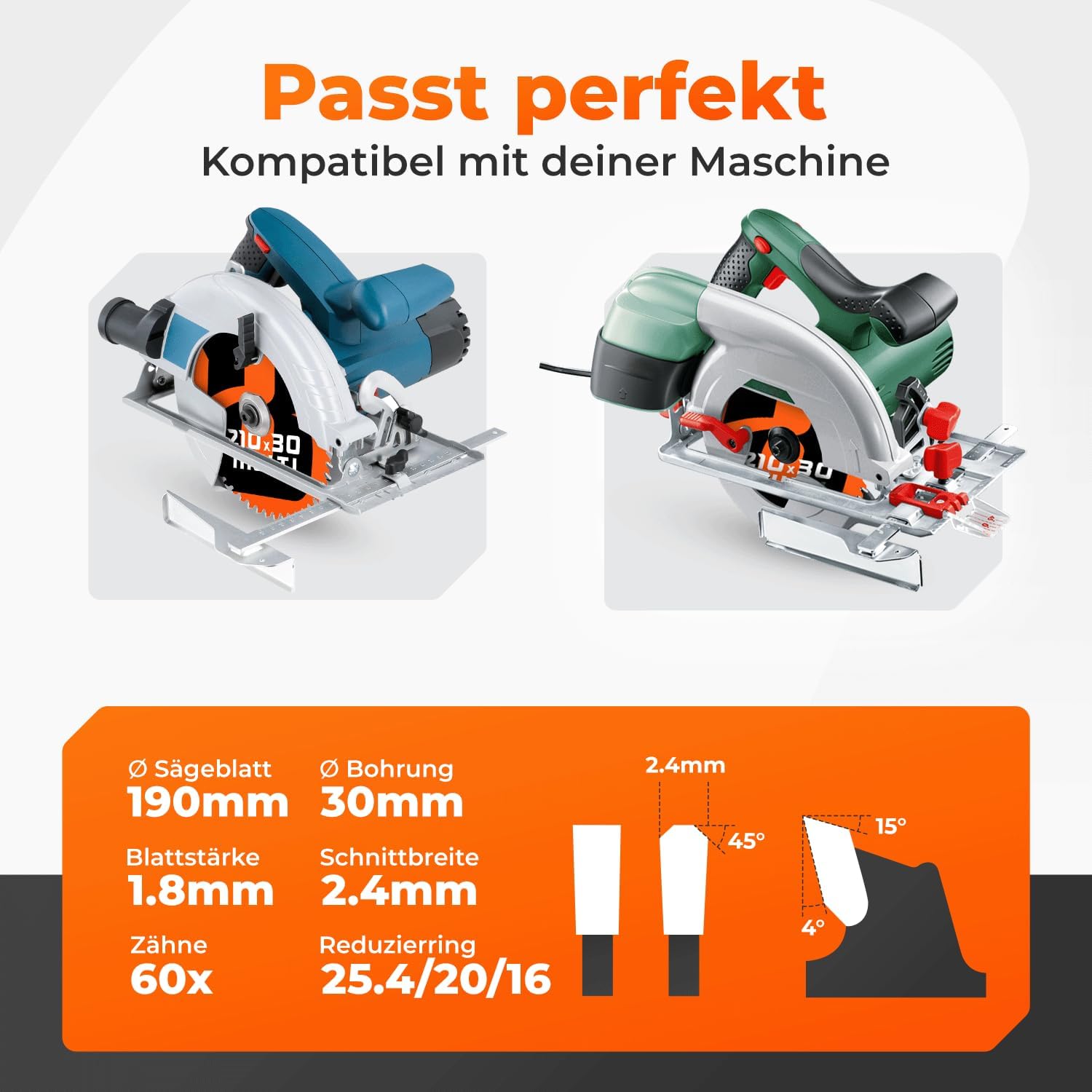 Detalle 2 de BAUBECK Sägeblatt 190x30 für Feinschnitt – inkl. Reduzierringe (20 mm/16 mm) für Holz, Aluminium, Metall & mehr
