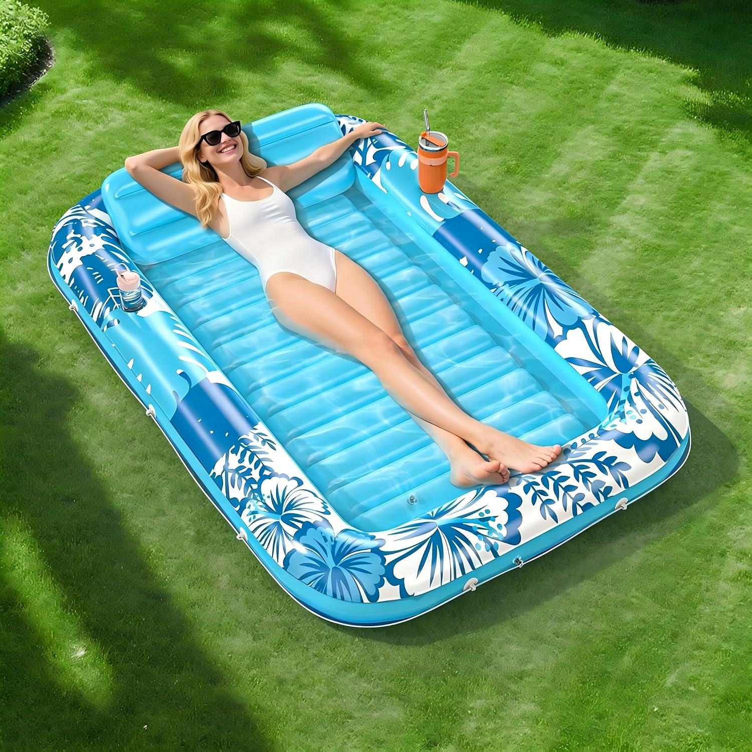 Detalle de Inflatable Tanning Pool Lounger Float, 70" x 46" with 6-in-1 Design and Pillow