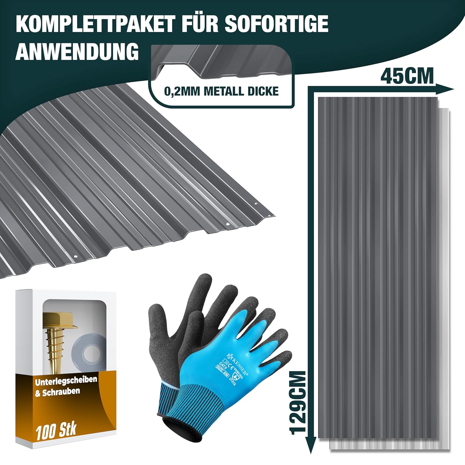 Thumbnail 6 de KESSER Trapezblech Set 12‑Stück 129×45 cm, verzinkter Stahl 0,25 mm – Dach- und Wandbleche mit Schrauben, Unterlegscheiben & Montagehandschuhen