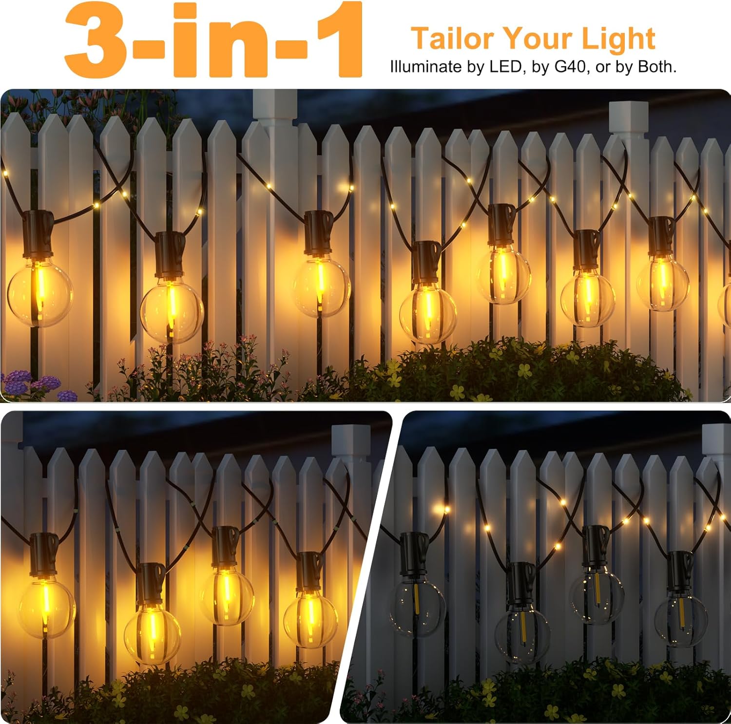 Thumbnail 1 de Solar-Lichterkette Außen FIFlying 12 m – 26 LEDs + 14 Glühbirnen, IP44, USB-Aufladung, 19 Modi
