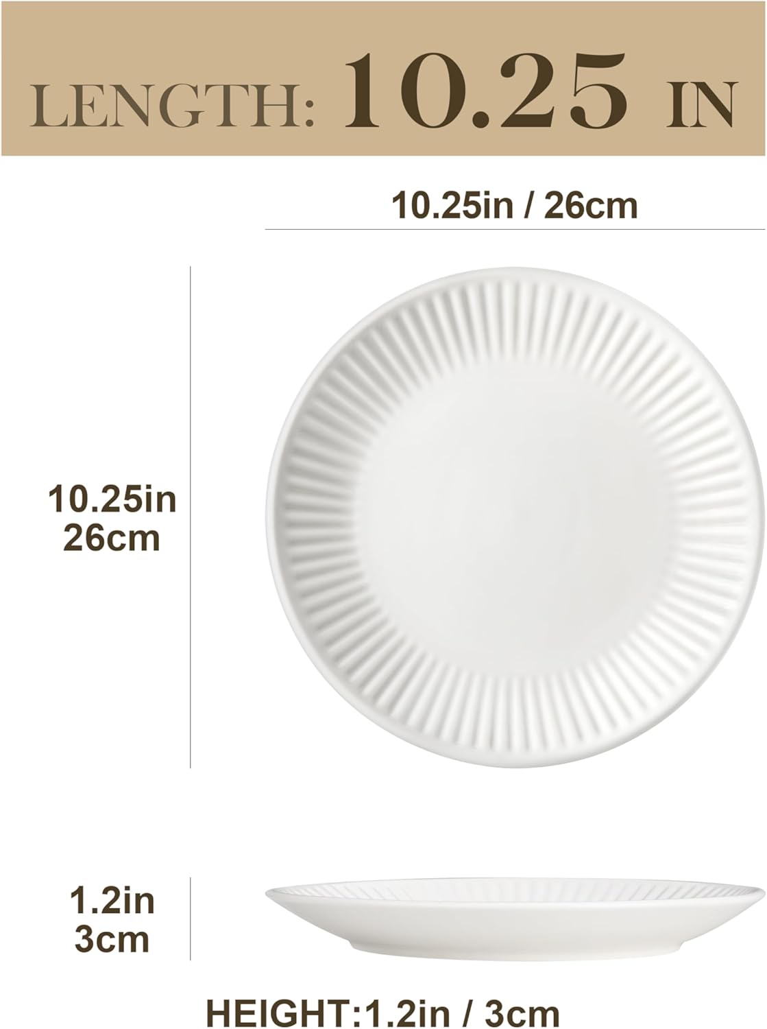 Detalle de MALACASA Speiseteller-Set für 6 Personen (Ø 26 cm) aus Porzellan – LEILA, weiß, gerippt & spülmaschinenfest