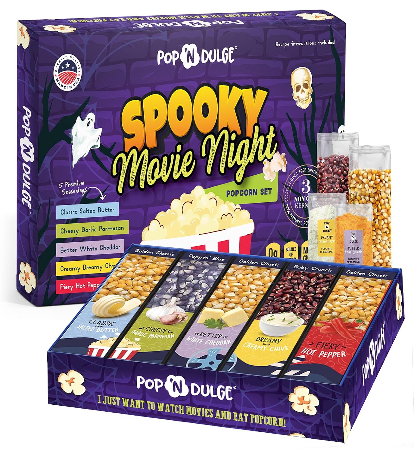 Detalle de Pop 'N Dulge Halloween Popcorn Gift Set with 3 Kernel Colors and 5 Seasonings