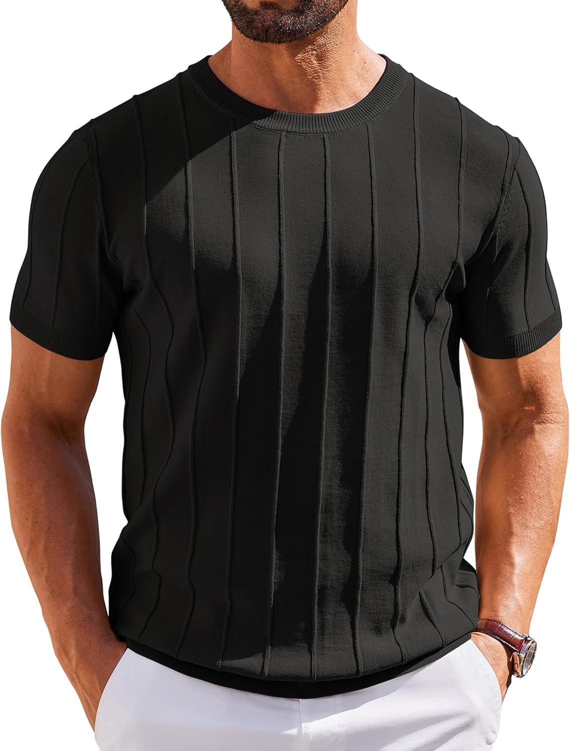 Detalle de COOFANDY Men's Knit T-Shirt: Short Sleeve Crewneck Pullover