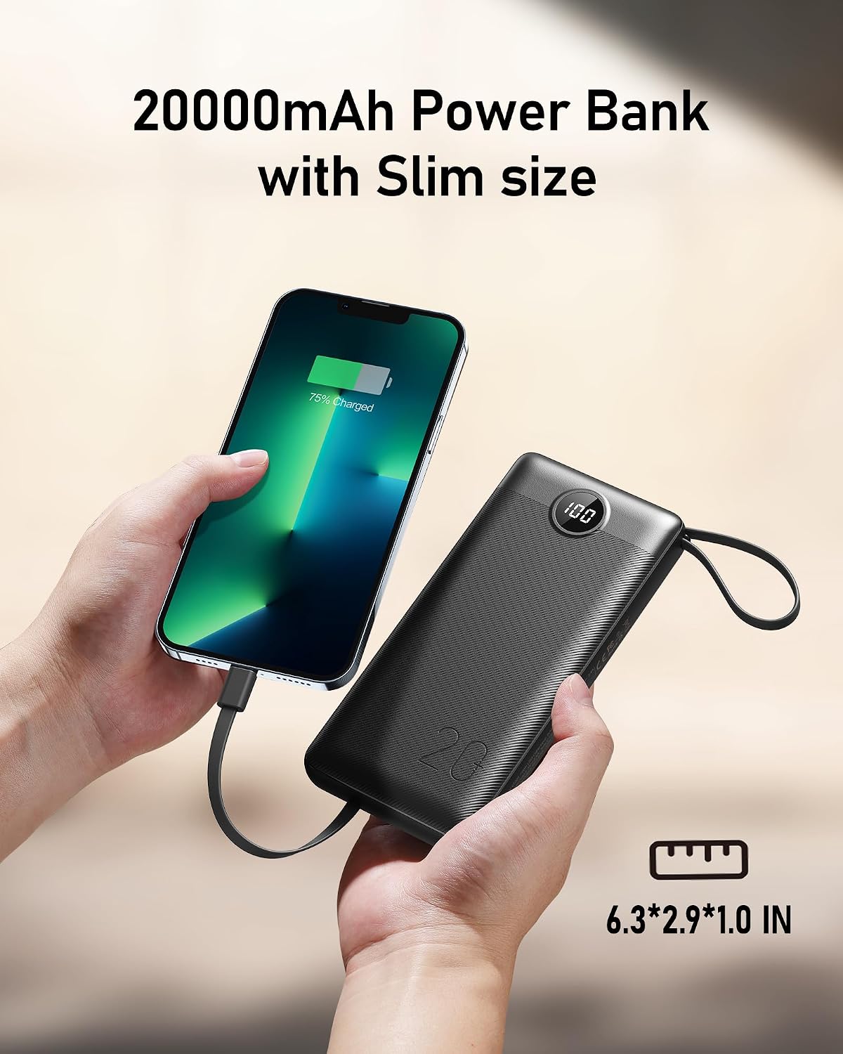 Detalle de VEEKTOMX Power Bank 20000mAh con cavi integrati, 5 uscite (3 cavi + USB-A + USB-C) e display LED