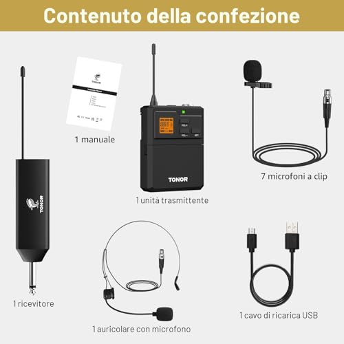 Thumbnail 8 de TONOR Wireless UHF Microfono con trasmettitore bodypack, lavalier e archetto: distanza fino a 60 m