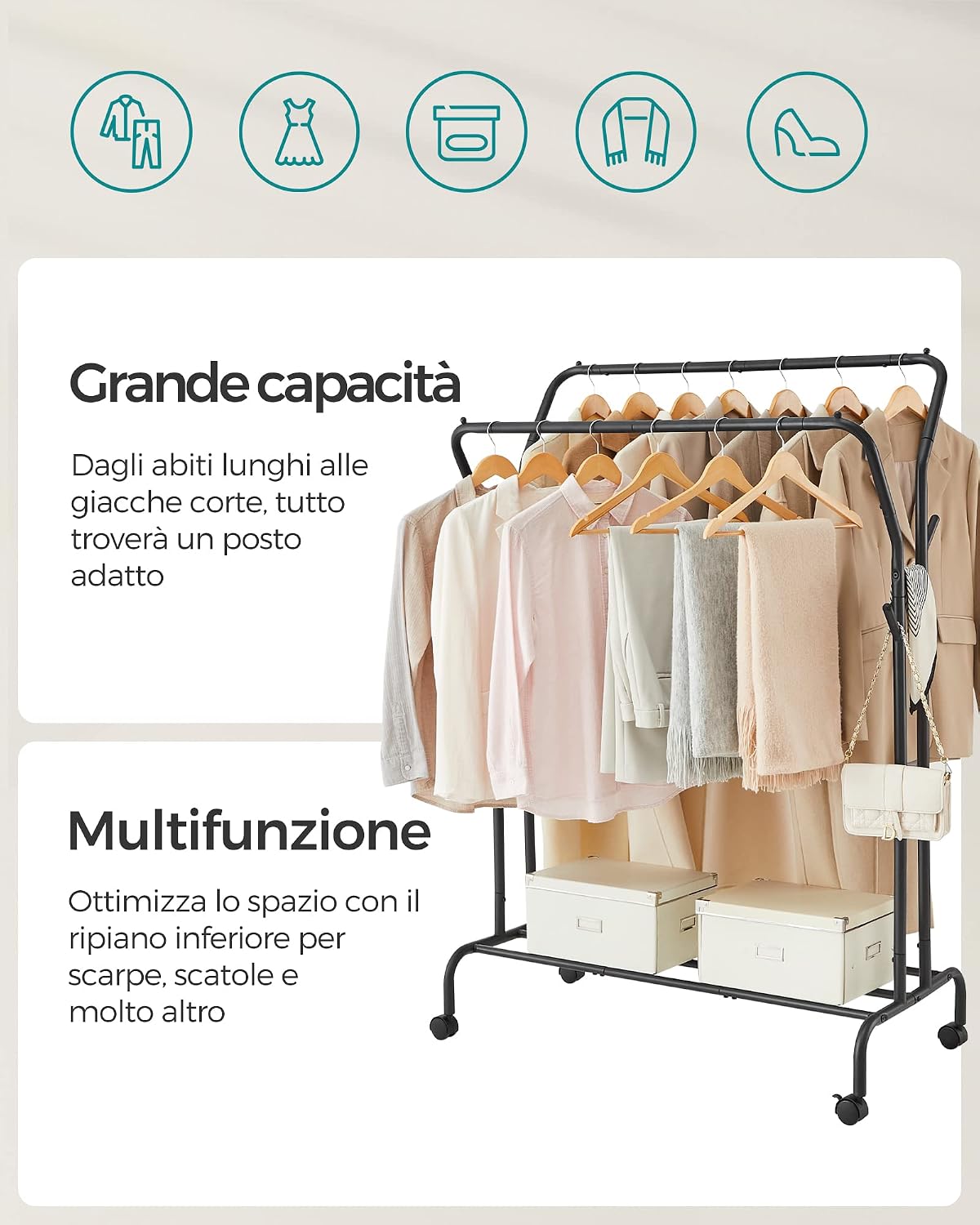 Detalle de SONGMICS Stand Appendiabiti Doppio HSR107B01 con ruote, doppia barra e struttura in acciaio (fino a 100 kg)
