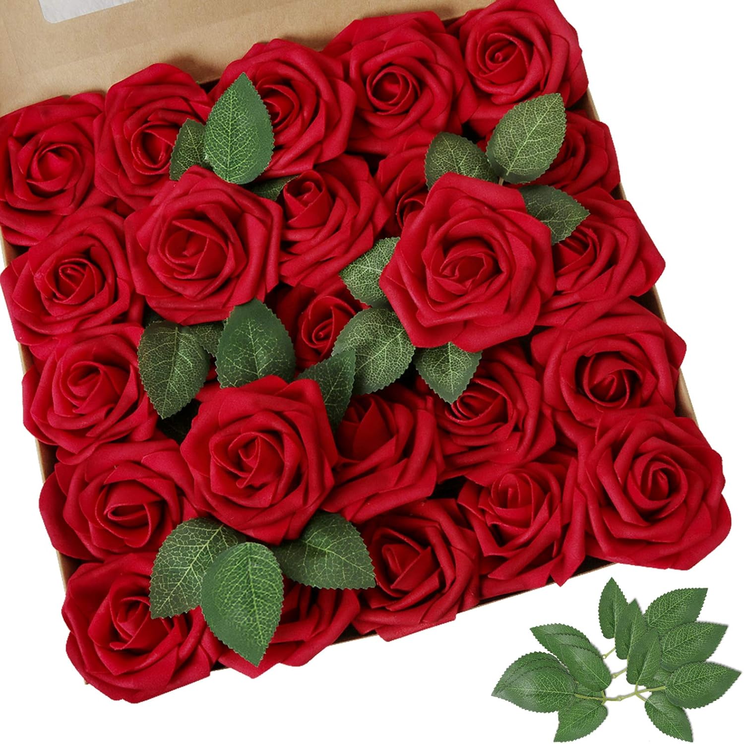 AmyHomie Dark Red Rose Artificial Flowers – 25 Real-Looking Roses with Bendable Stems