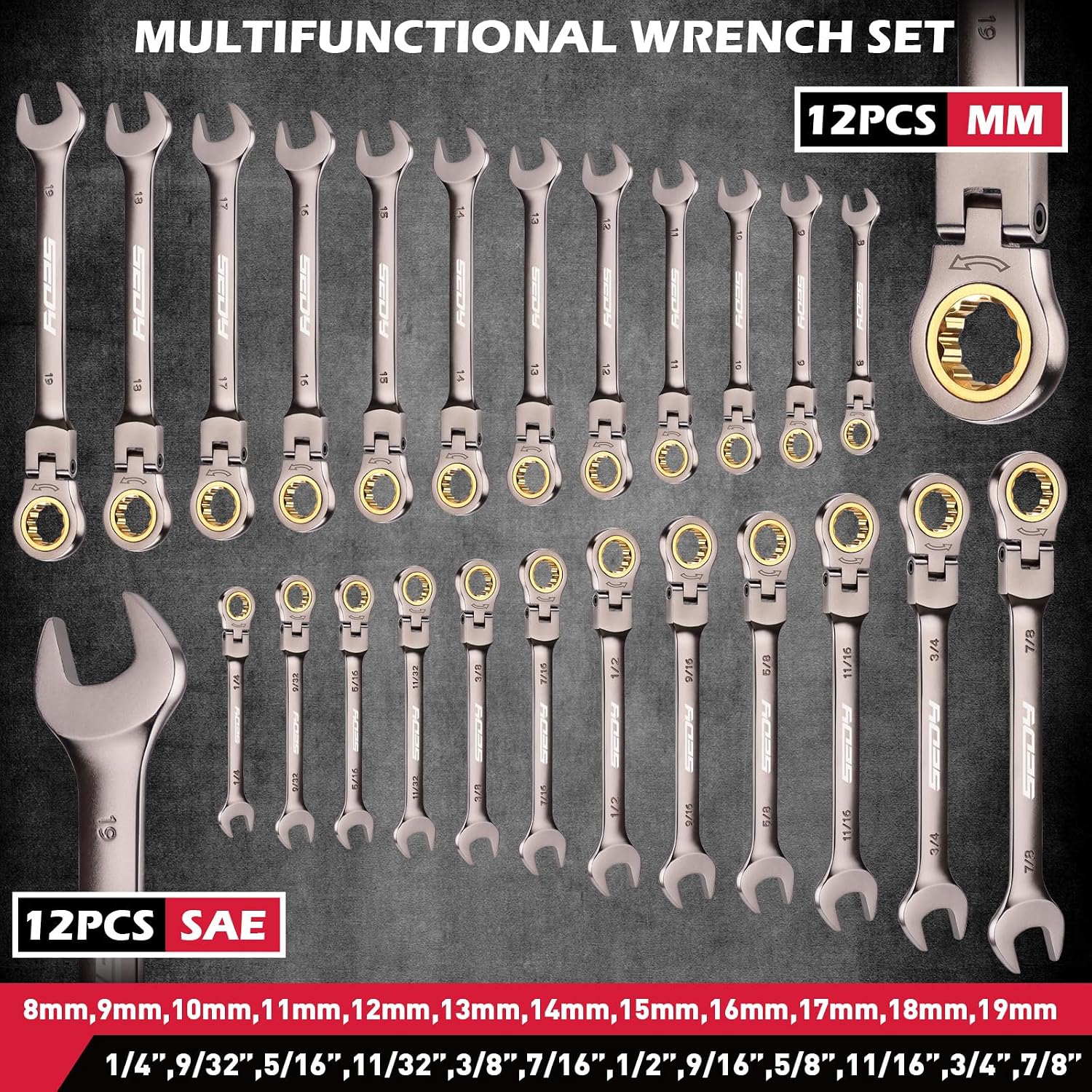 Detalle de SEDY 24-Piece Flex-Head Ratchet Wrench Set, SAE and Metric, 72-Tooth