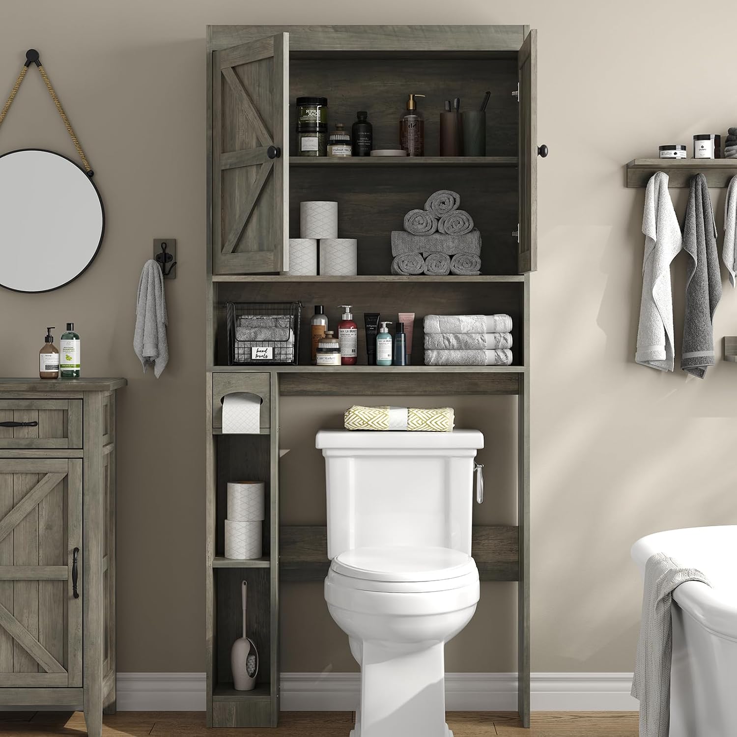 Detalle de Furnideco OT004-GR Over-the-Toilet Storage Cabinet with Barn Doors, 6 Shelves