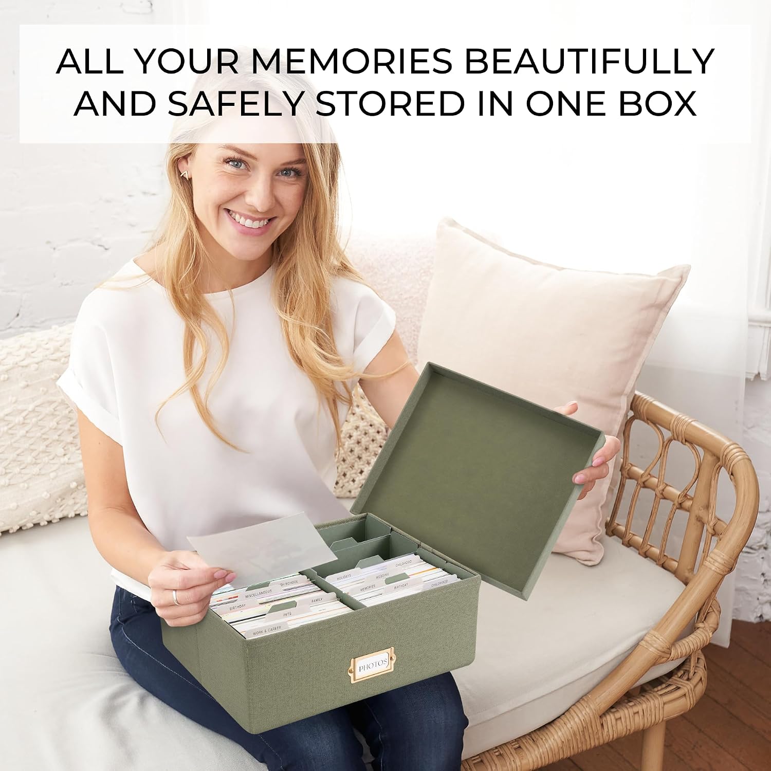Detalle de ZICOTO zic-phobox-sage_24-138a Photo Storage Box, Sage Linen, 1,700-Photo Capacity