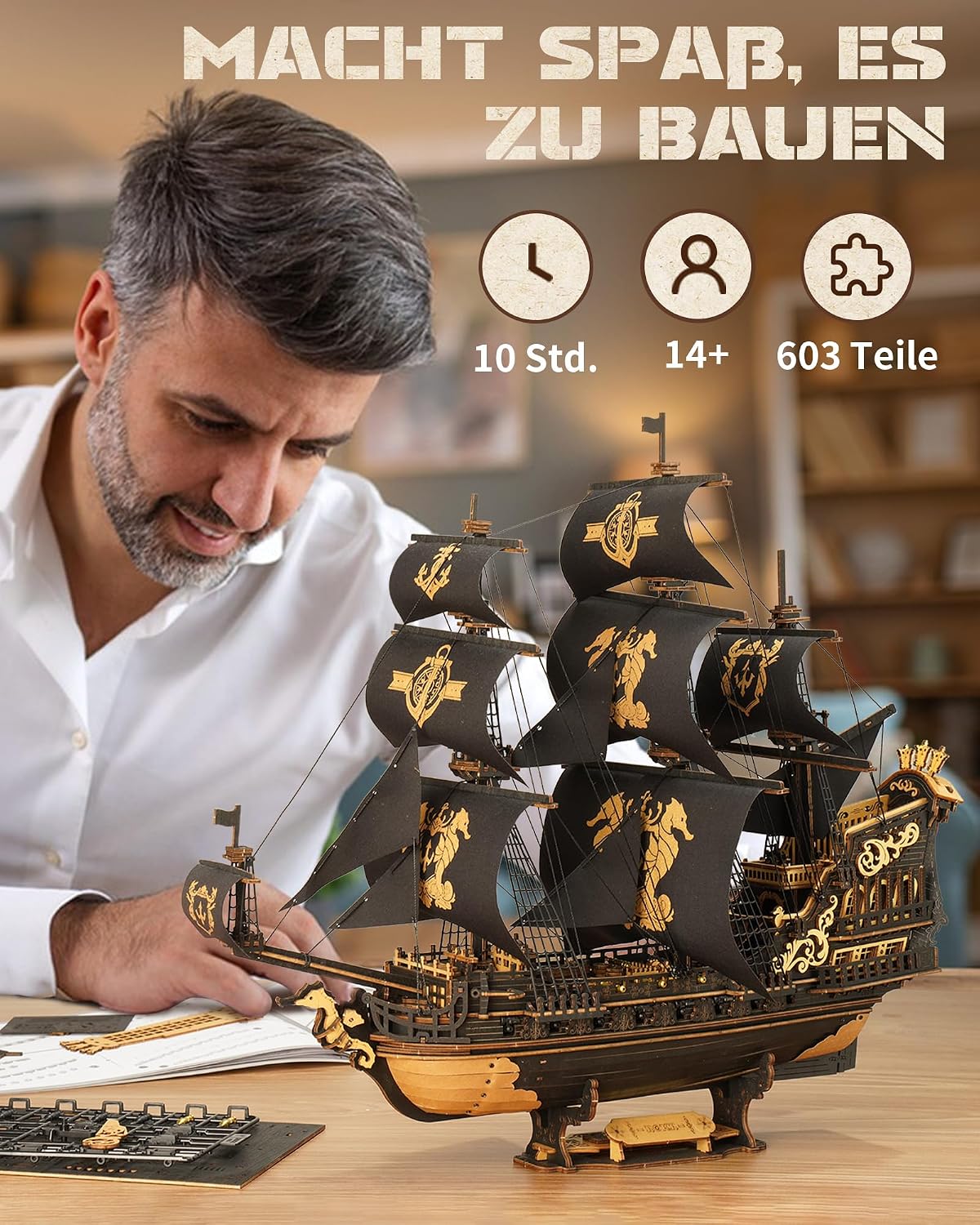 Thumbnail 4 de ROKR 3D Puzzle Holzbausatz The Seahorse Barque (MCB02) – Boot-Modell zum Selberbauen ohne Klebstoff