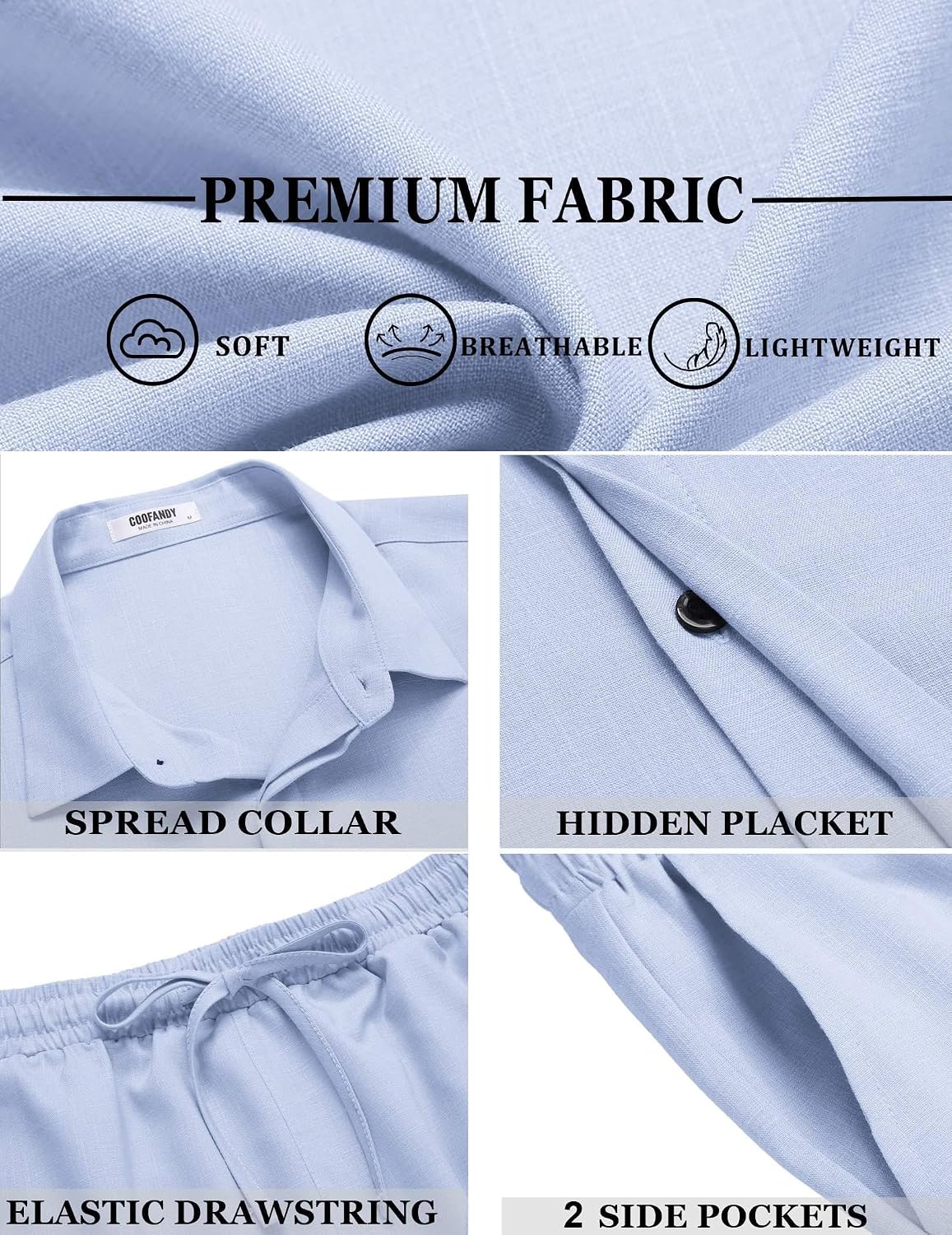 Detalle 1 de COOFANDY Men's Linen-Texture Shirt and Shorts Set, Short Sleeve