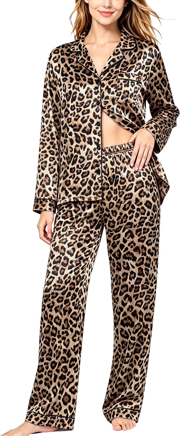 Detalle de SWOMOG Satin Pajama Set for Women, Long-Sleeve Button-Down Two-Piece