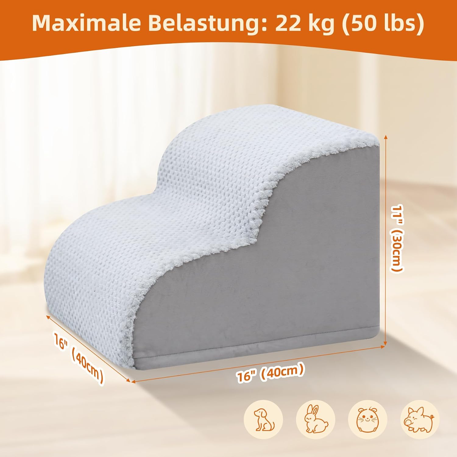 Thumbnail 2 de KSIIA Hundetreppe 2 Stufen, 30 cm Hoch – rutschfest, waschbare Bezugshülle, 40x40x30 cm, Grau