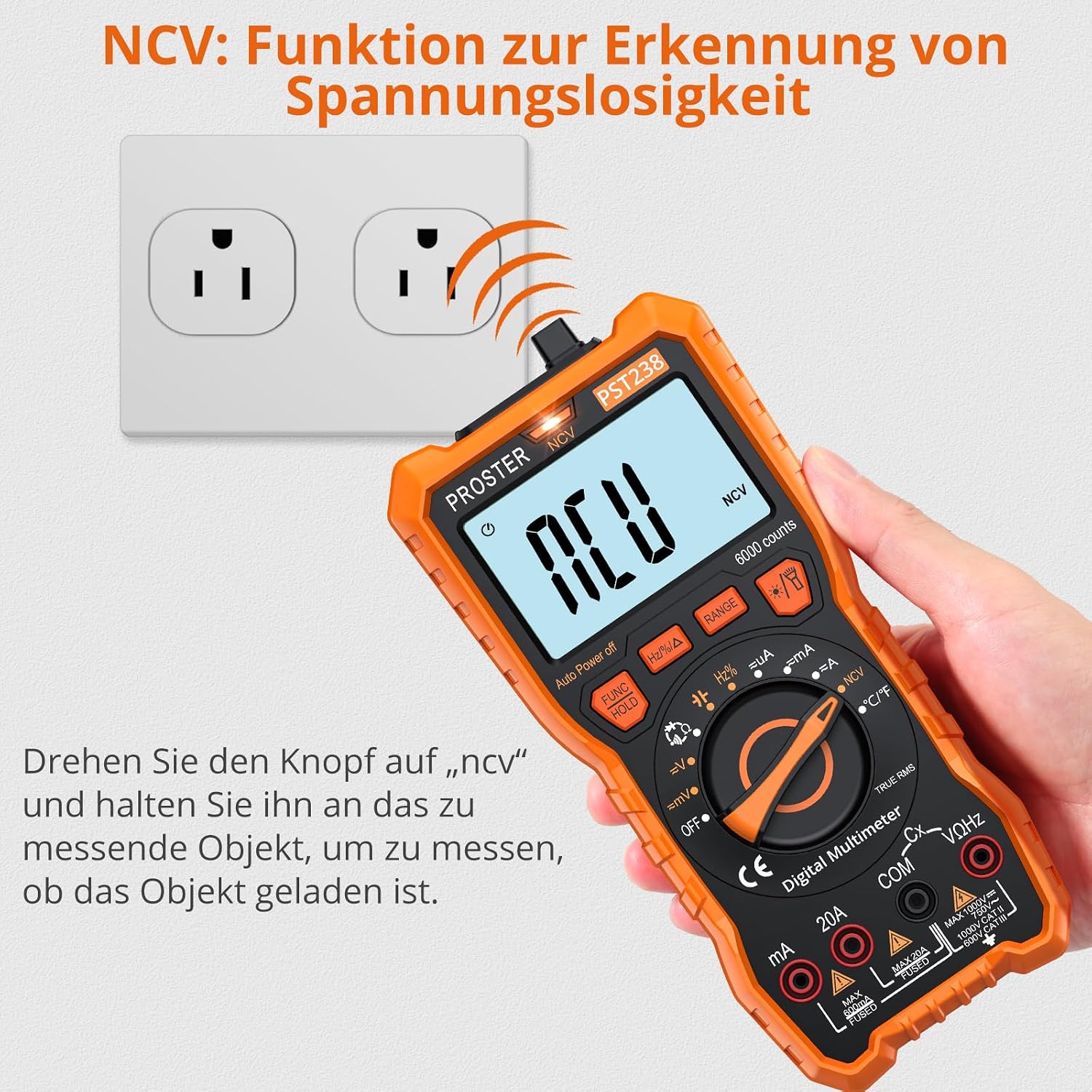 Detalle de Proster Digitales Multimeter 6000 Zähler TRMS Auto Range mit NCV – DC/AC Messgerät, Temperatur, Kapazität, Widerstand