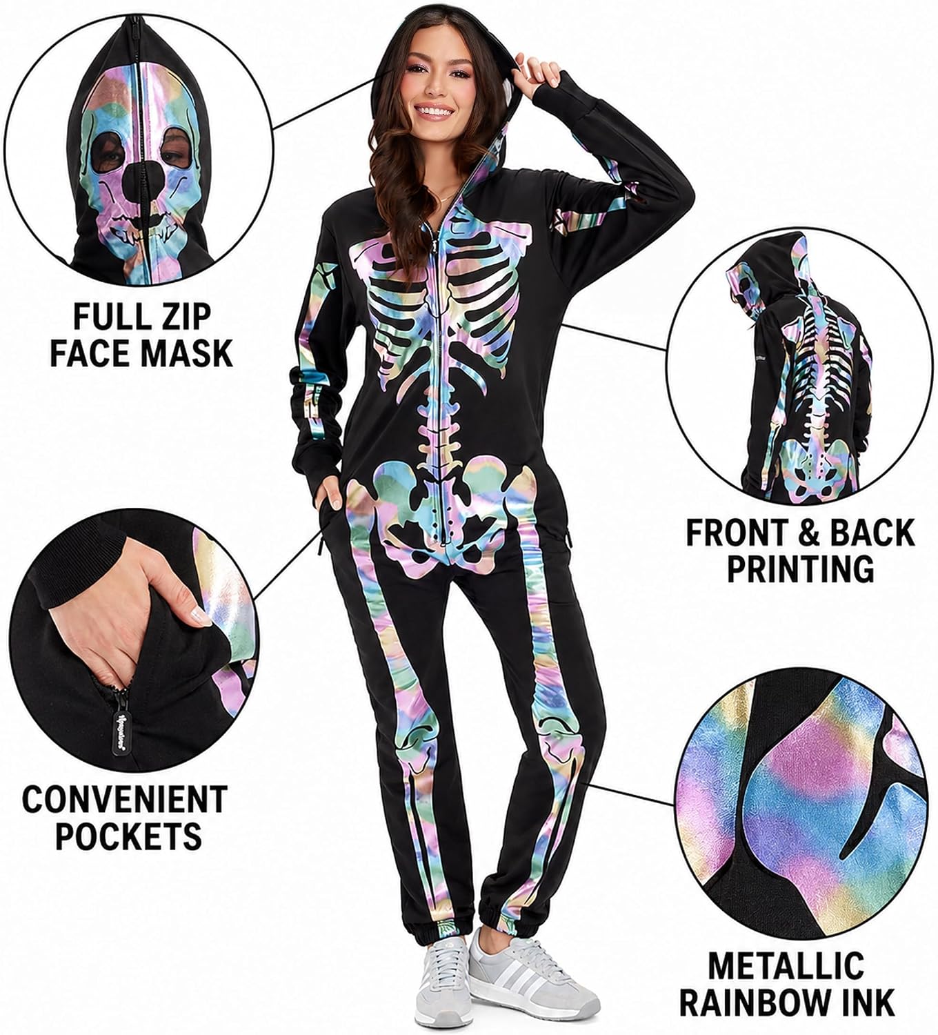 Detalle de Tipsy Elves TE-WJMP43 Women's Skeleton Halloween Jumpsuit with Iridescent Print