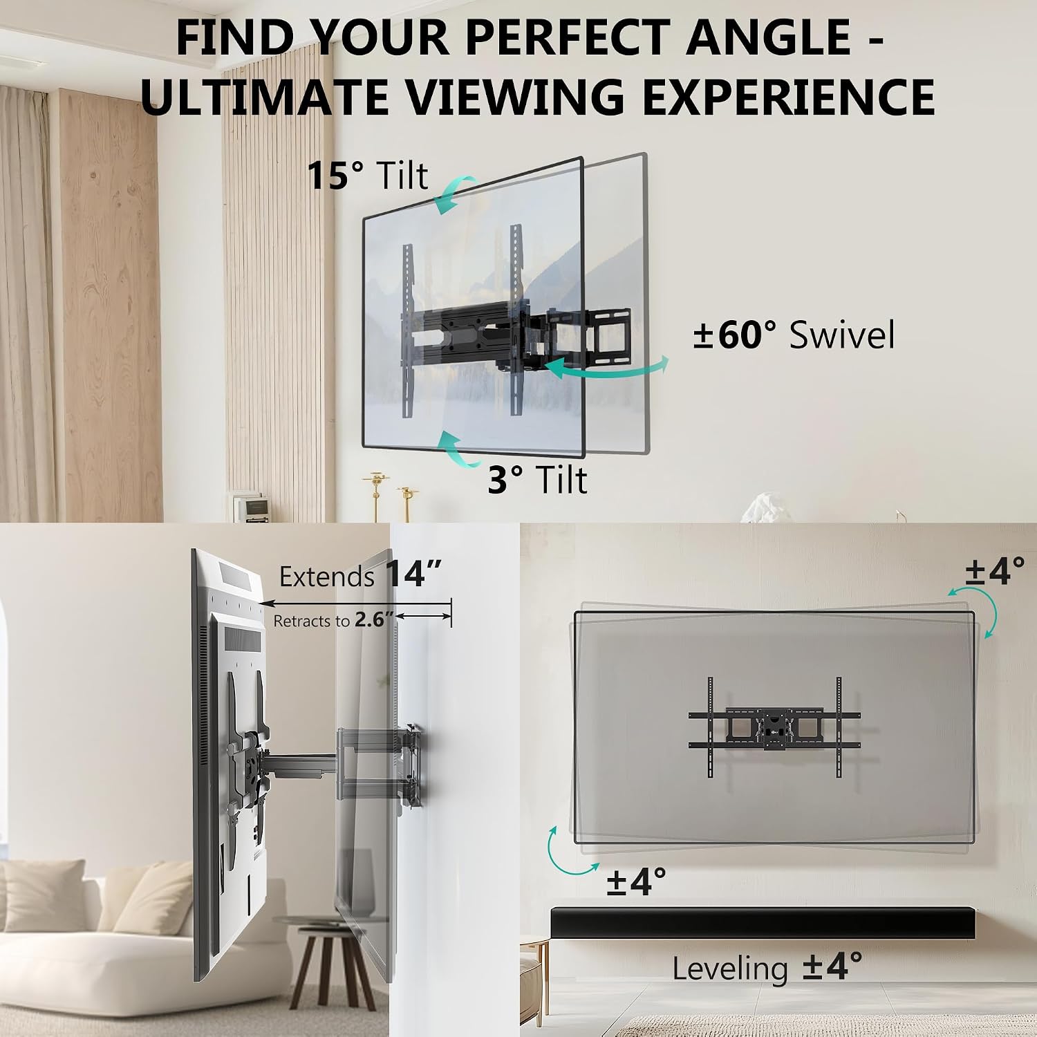 Detalle de WALI Full Motion TV Wall Mount for 32–70 Inch TVs: Dual Arm, Swivel, Tilt & Extension