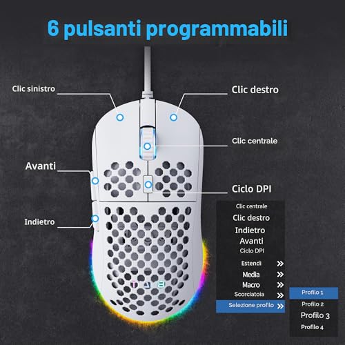 Detalle de Dierya ×TMKB M1SE: Mouse da gioco ultraleggero con sensore 12800 DPI e 6 pulsanti programmabili