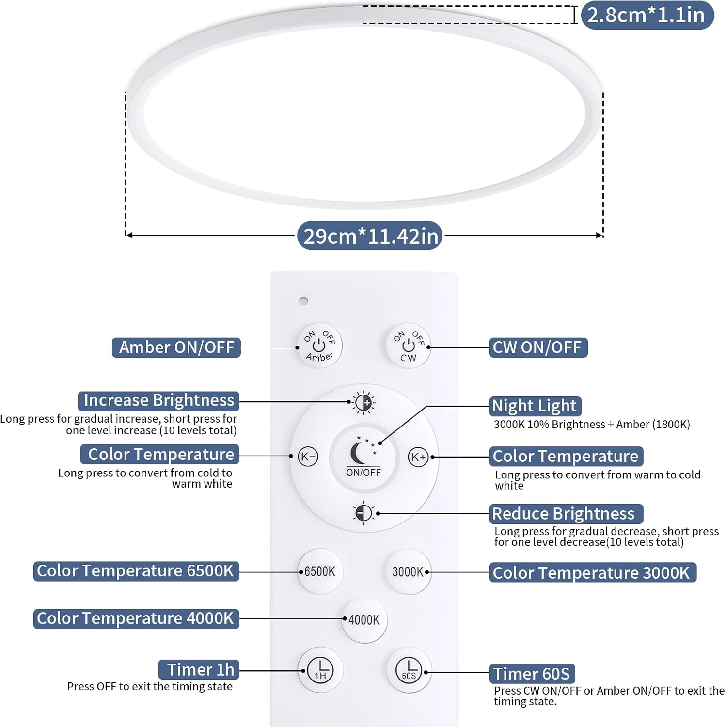 Thumbnail 4 de KIWIVIC 30cm LED Ceiling Light with Dimmable Main Light and 1800K Night Backlight