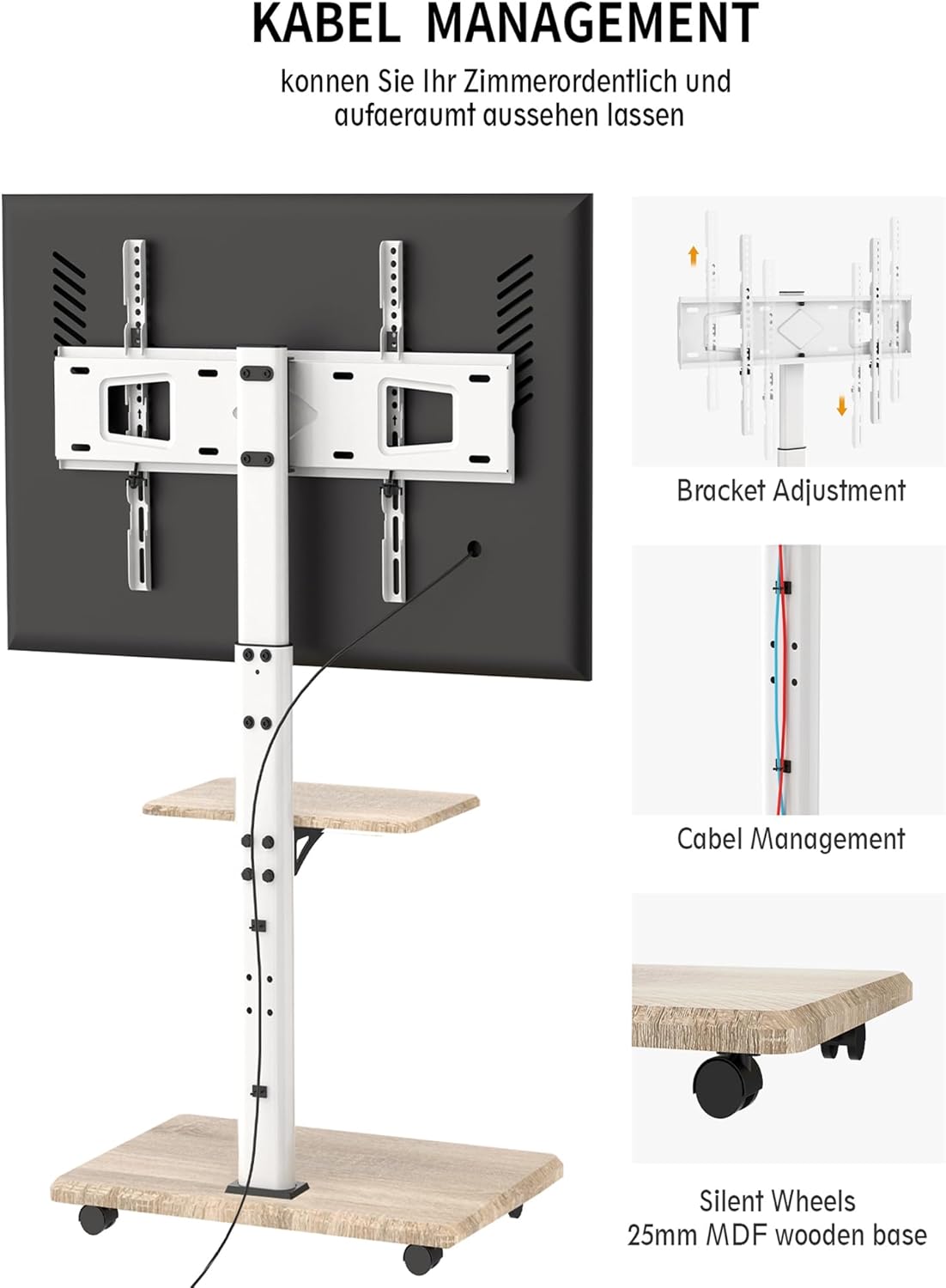 Thumbnail 2 de XTRARM Delphos Support TV Mobile sur roulettes avec socle en bois, 32 à 70 pouces, VESA jusqu’à 600x400