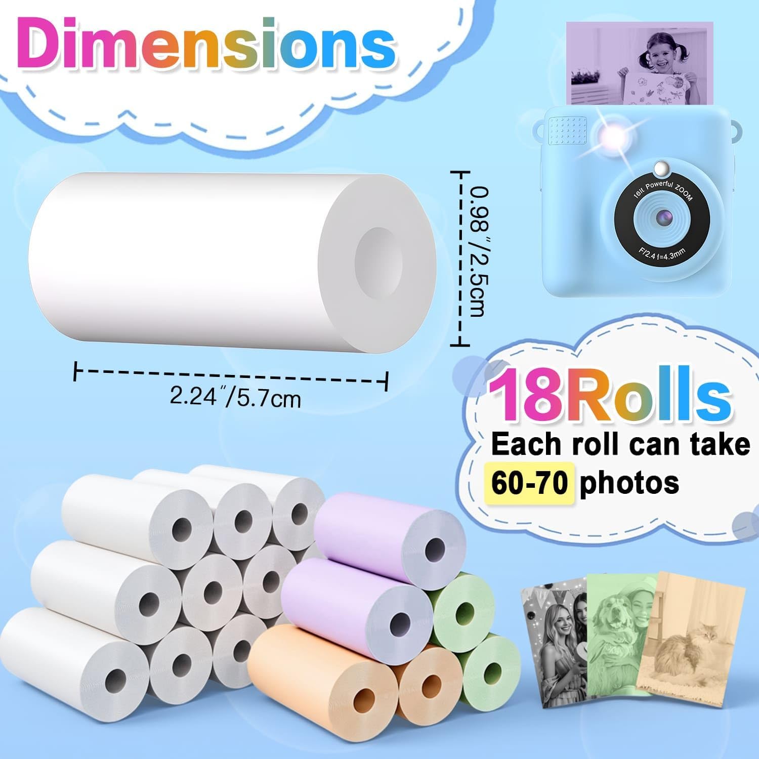 Detalle de QUASON 18 Rolls Kids Camera Paper Roll Refill – BPA Free Thermal Paper for Instant Print Cameras