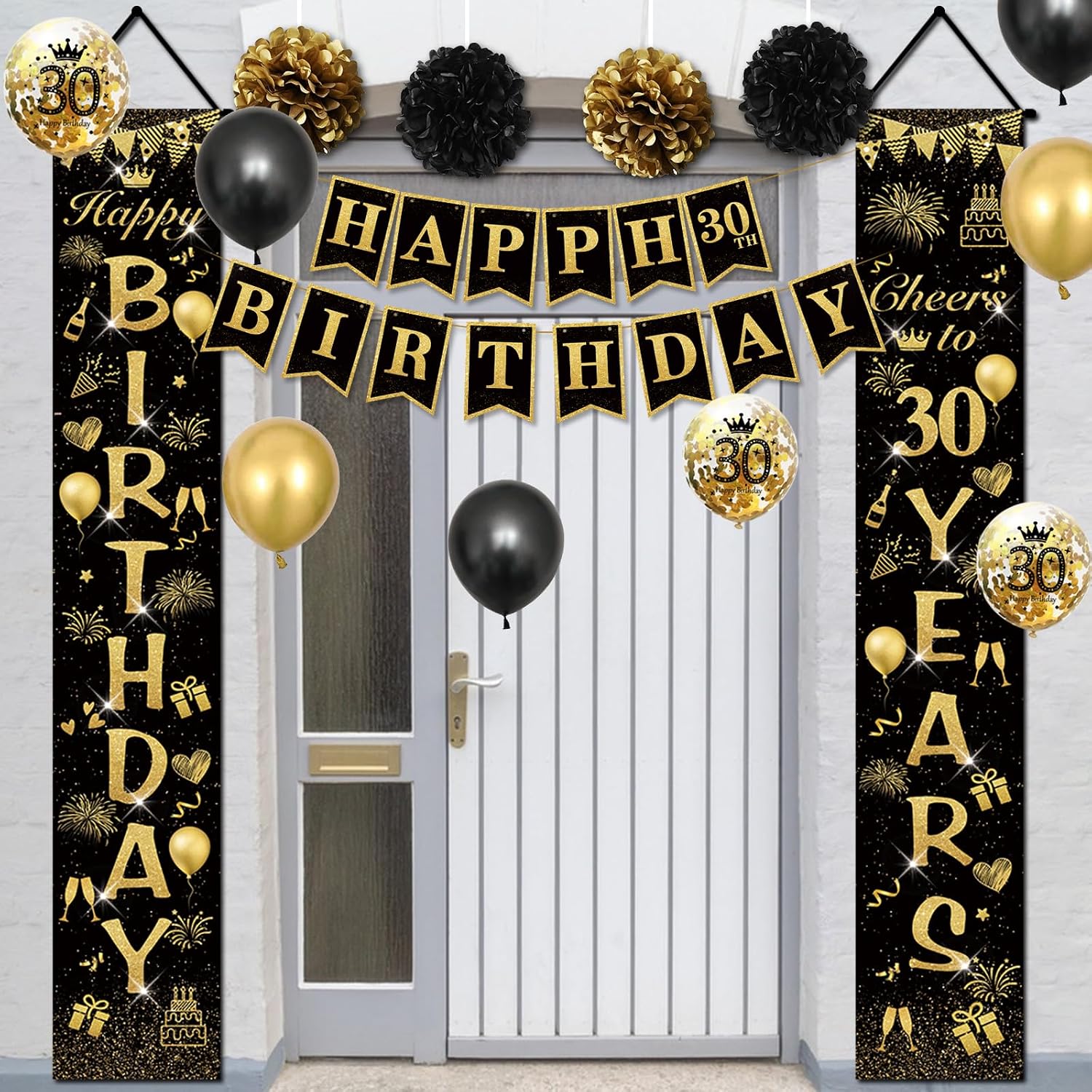 Detalle de Décoration anniversaire 30 ans noir et or : ballons, bannière “Joyeux Anniversaire” et accessoires