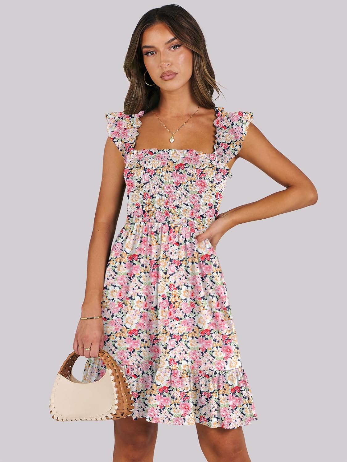 Detalle de ANRABESS Women’s Summer Sleeveless Square-Neck Smocked Ruffle Backless Dress (Boho/Beach)