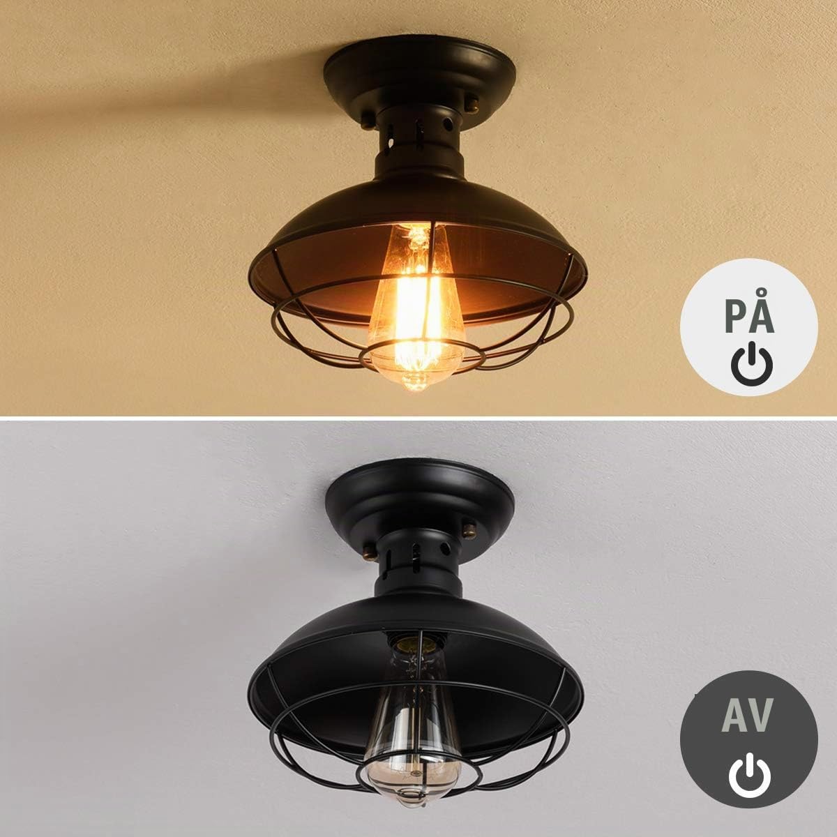 Detalle de Qcyuui rustik taklampa med E27-sockel och svart metallbur